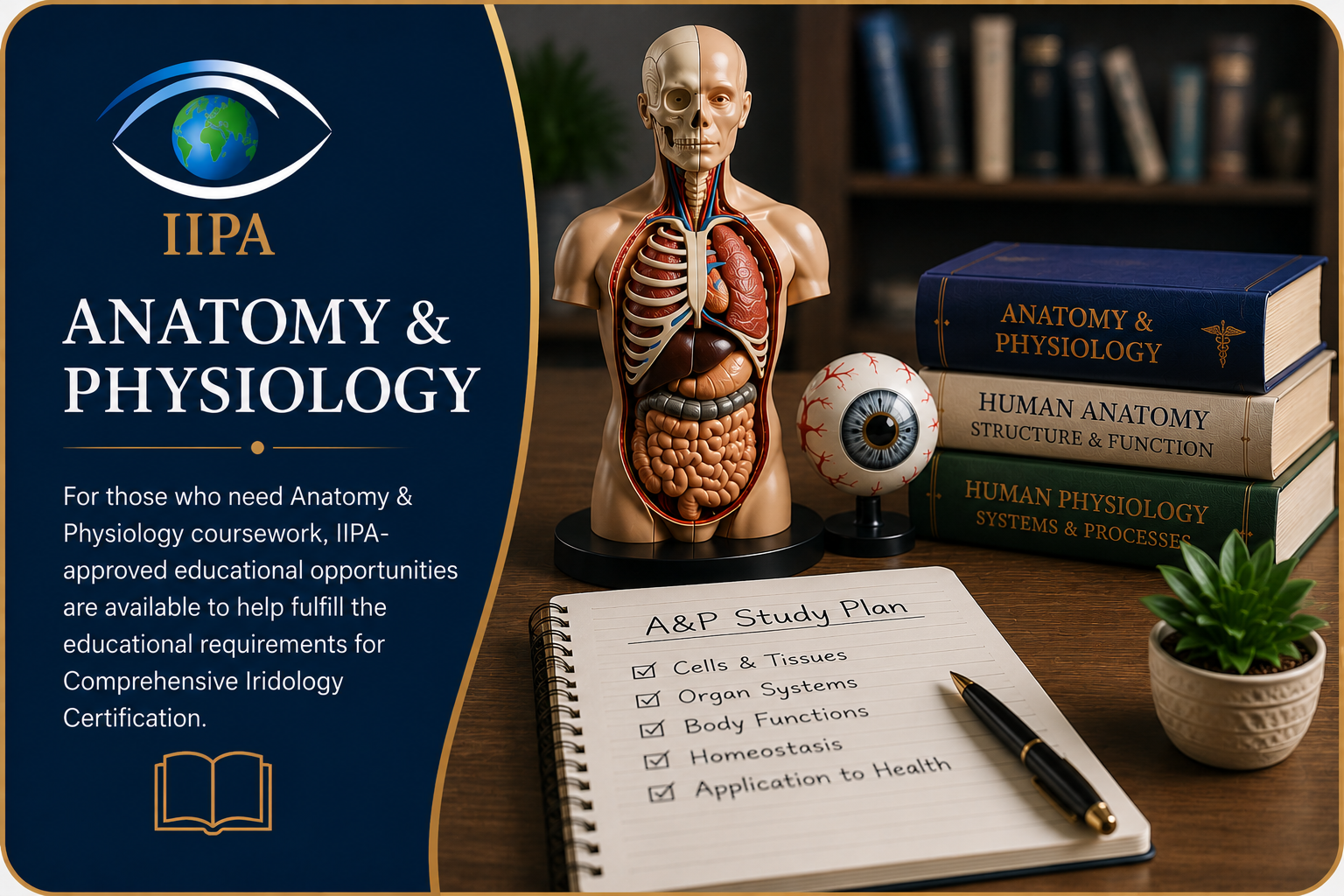 Professional educational graphic featuring anatomy and physiology study materials, anatomical models, and the IIPA eye logo representing foundational anatomy and physiology education requirements for Iridology certification.