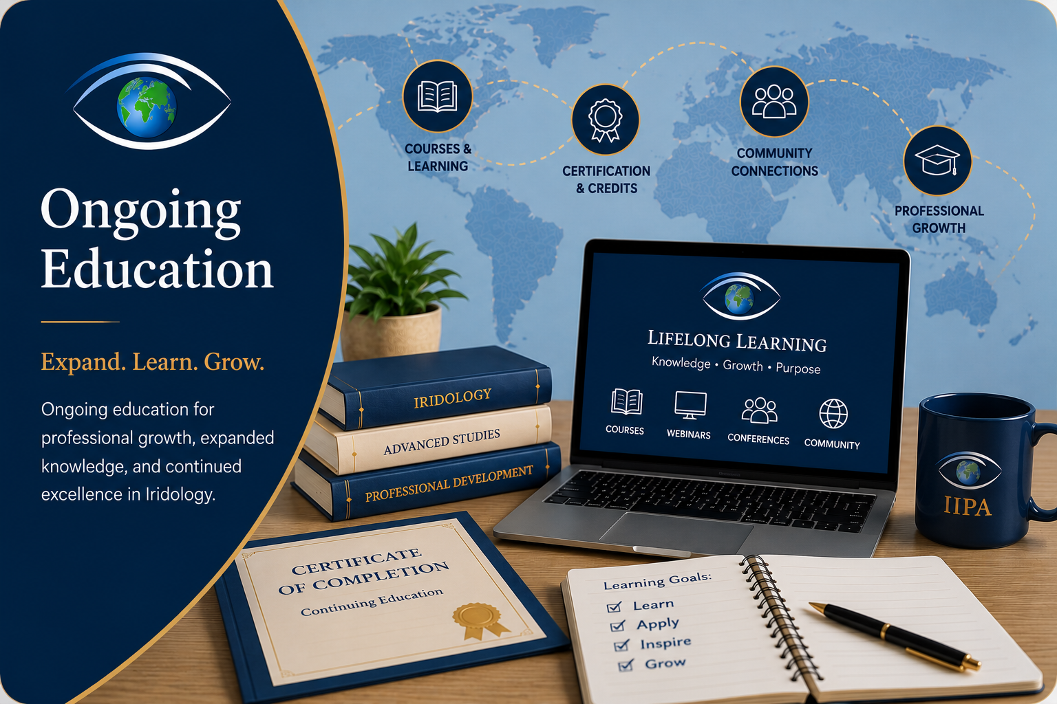 Professional educational graphic representing ongoing learning, continuing education, and professional development in Iridology and holistic wellness.