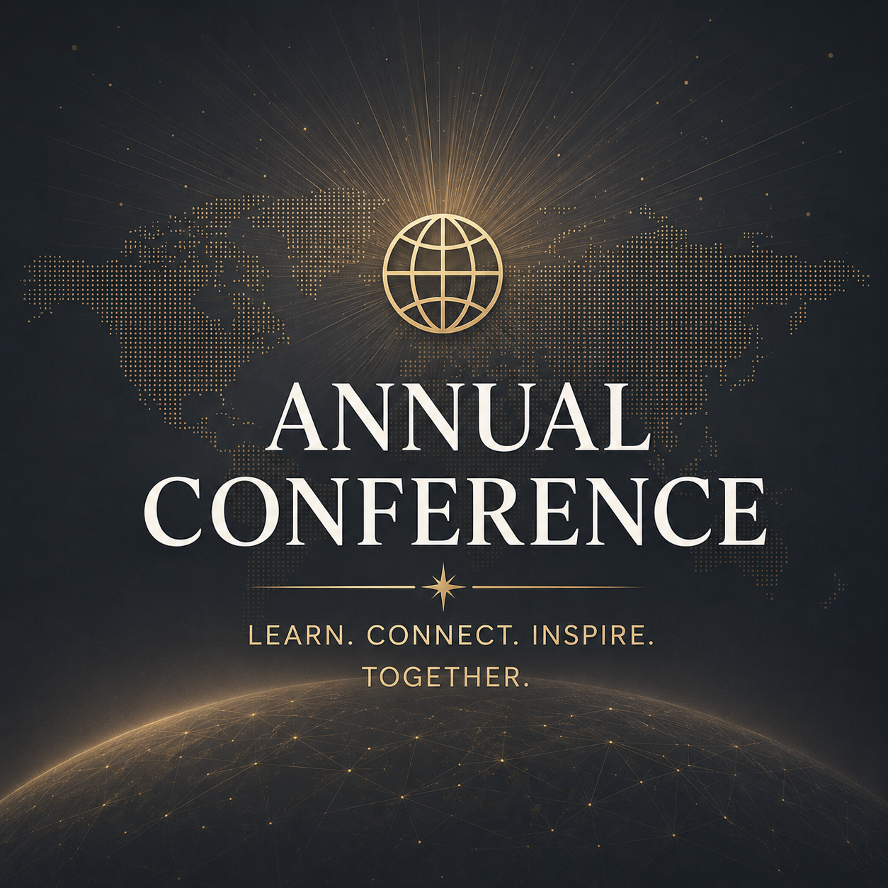 Elegant charcoal and gold conference graphic featuring the words “Annual Conference” with a glowing world icon and radiant light design representing international connection, education, and professional gathering within the global Iridology community