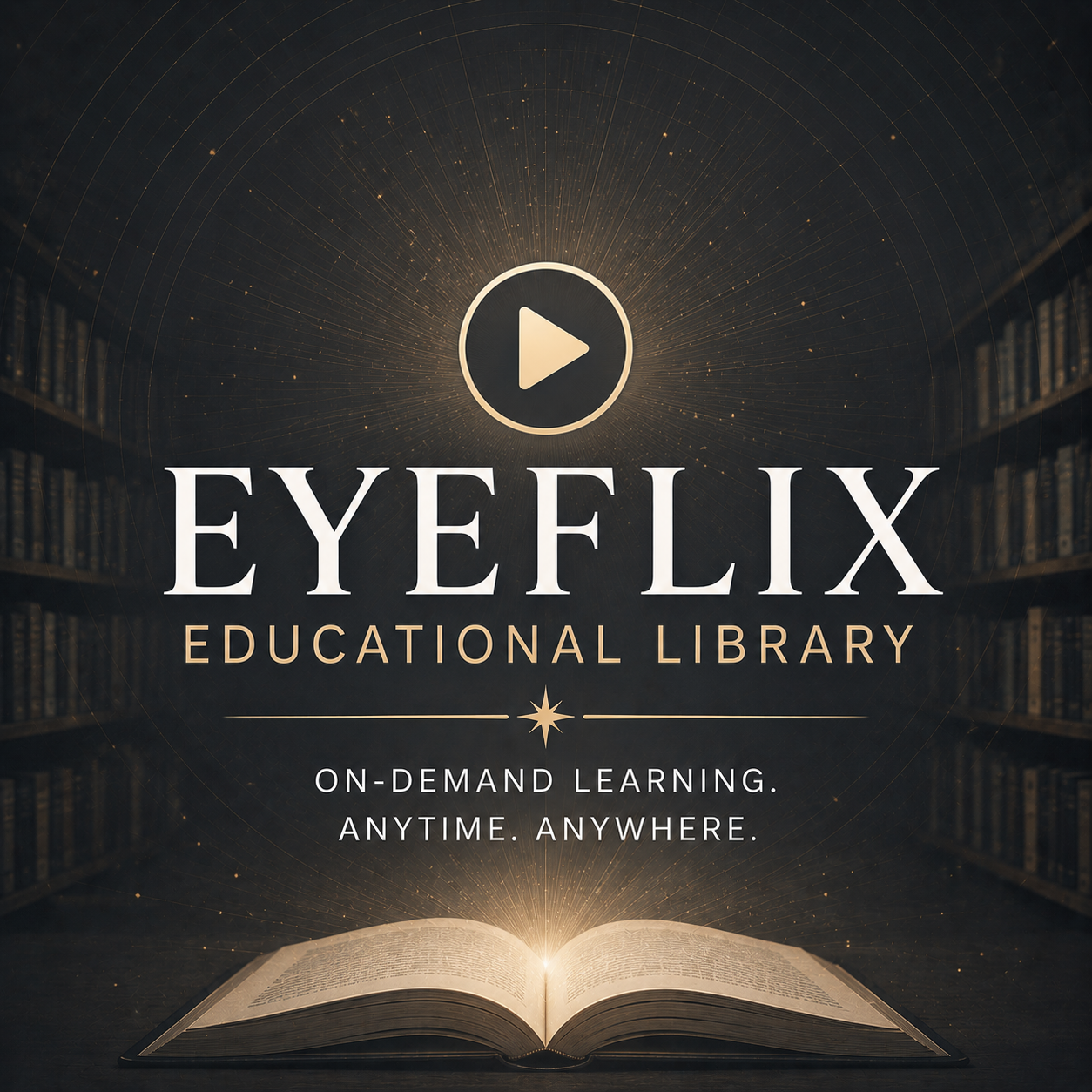 Elegant charcoal and gold educational library graphic featuring the word “EyeFlix” with a glowing play icon, open book, and radiant light design representing on-demand learning, educational video resources, and continuing professional education in Ir