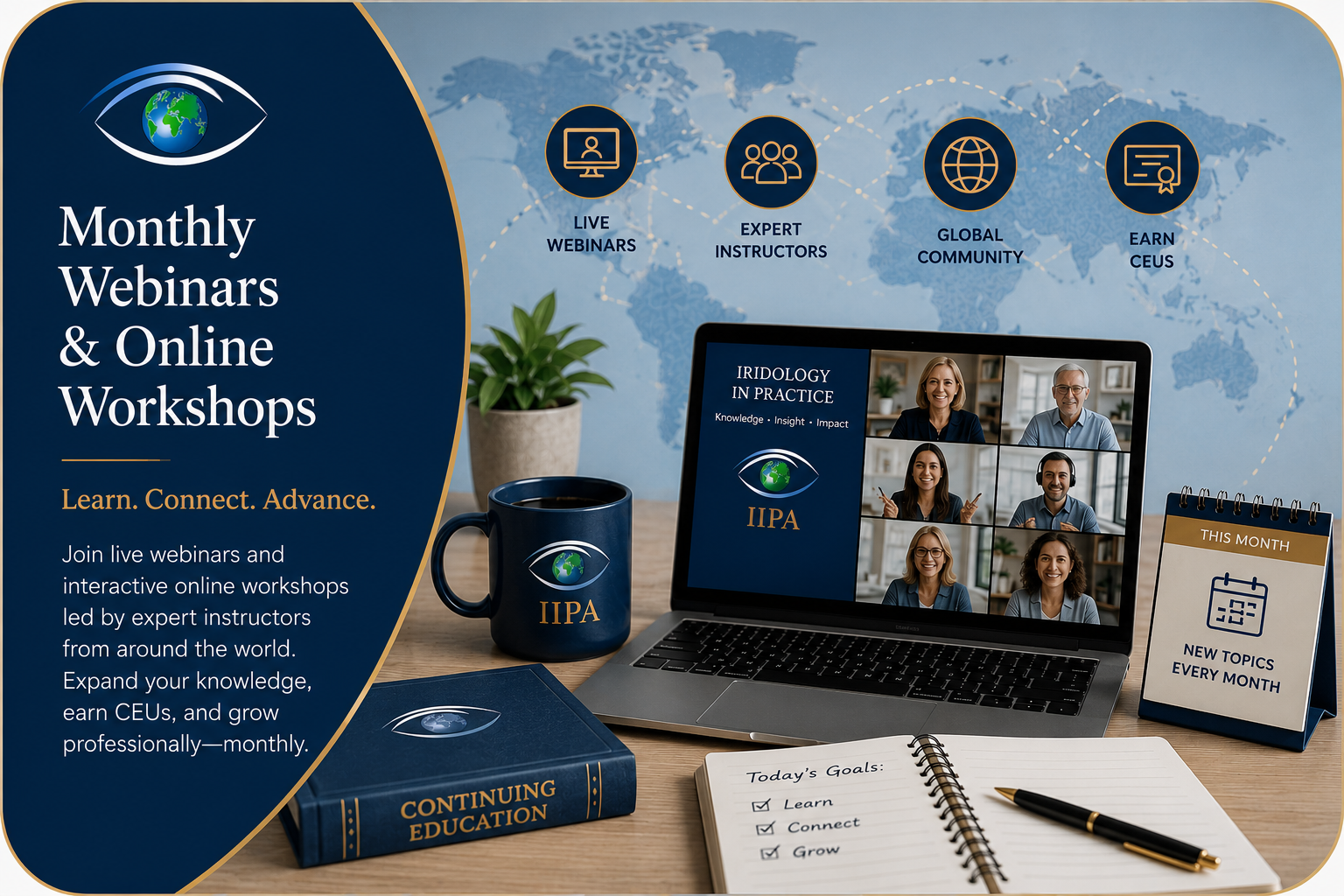 Professional webinar graphic representing live online workshops, continuing education, and virtual learning opportunities in Iridology and integrative wellness.