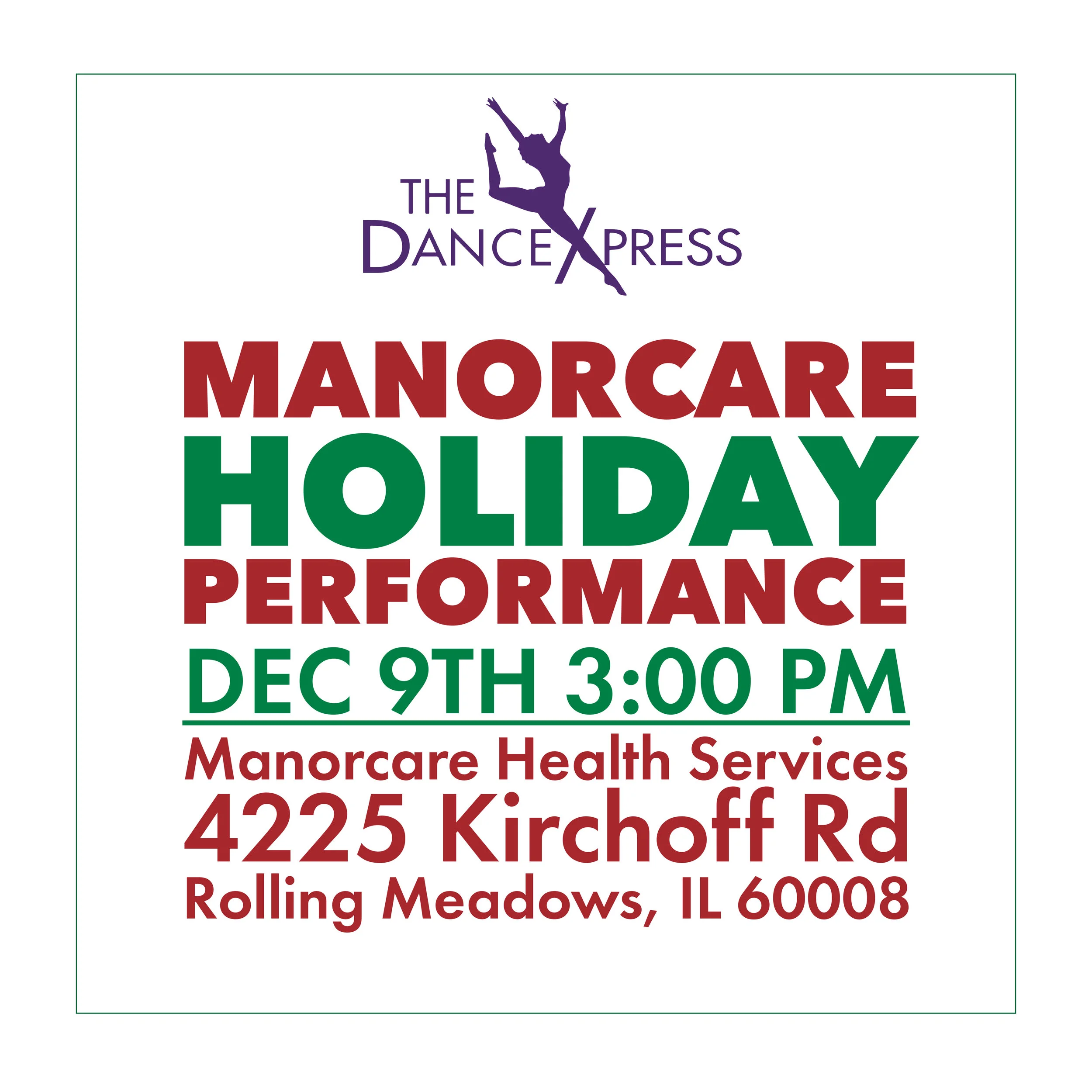 Our annual performance at Manorcare in Rolling Meadows is this Saturday at 3:00
