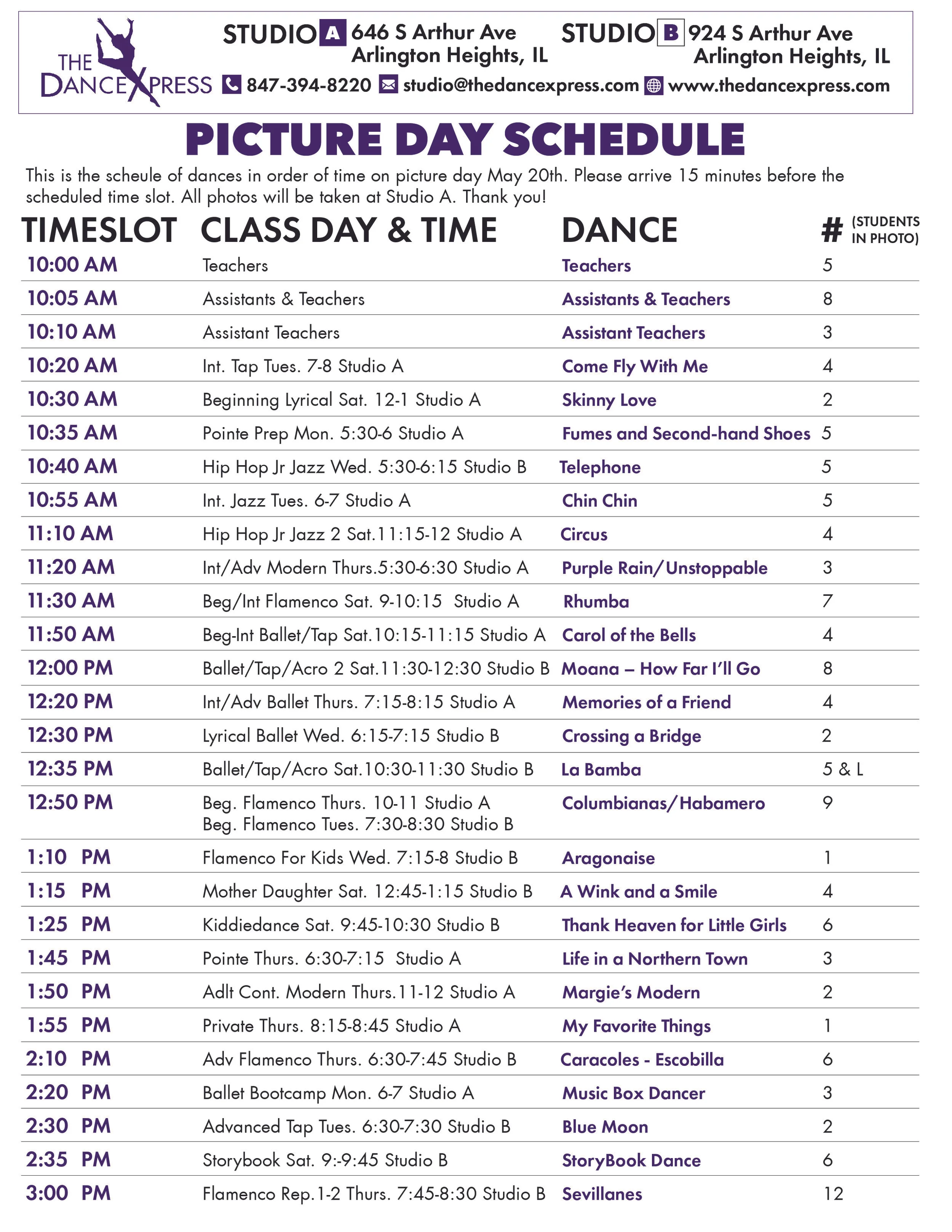 Picture Day Schedule: All Pictures in Studio A