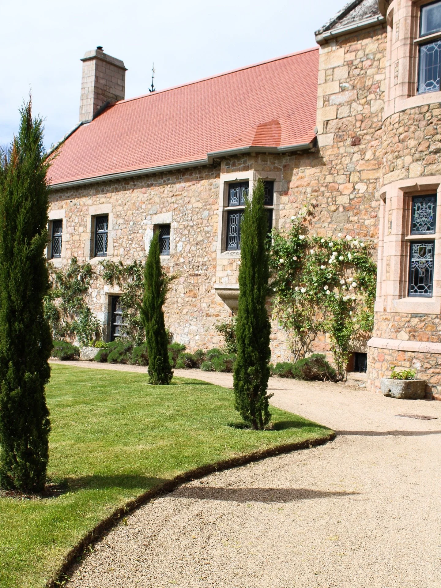 We call this spot &ldquo;Sunny Corner&rdquo; The white roses on the wall look lovely with lavender growing along it.

#stouensmanor #jerseyci
