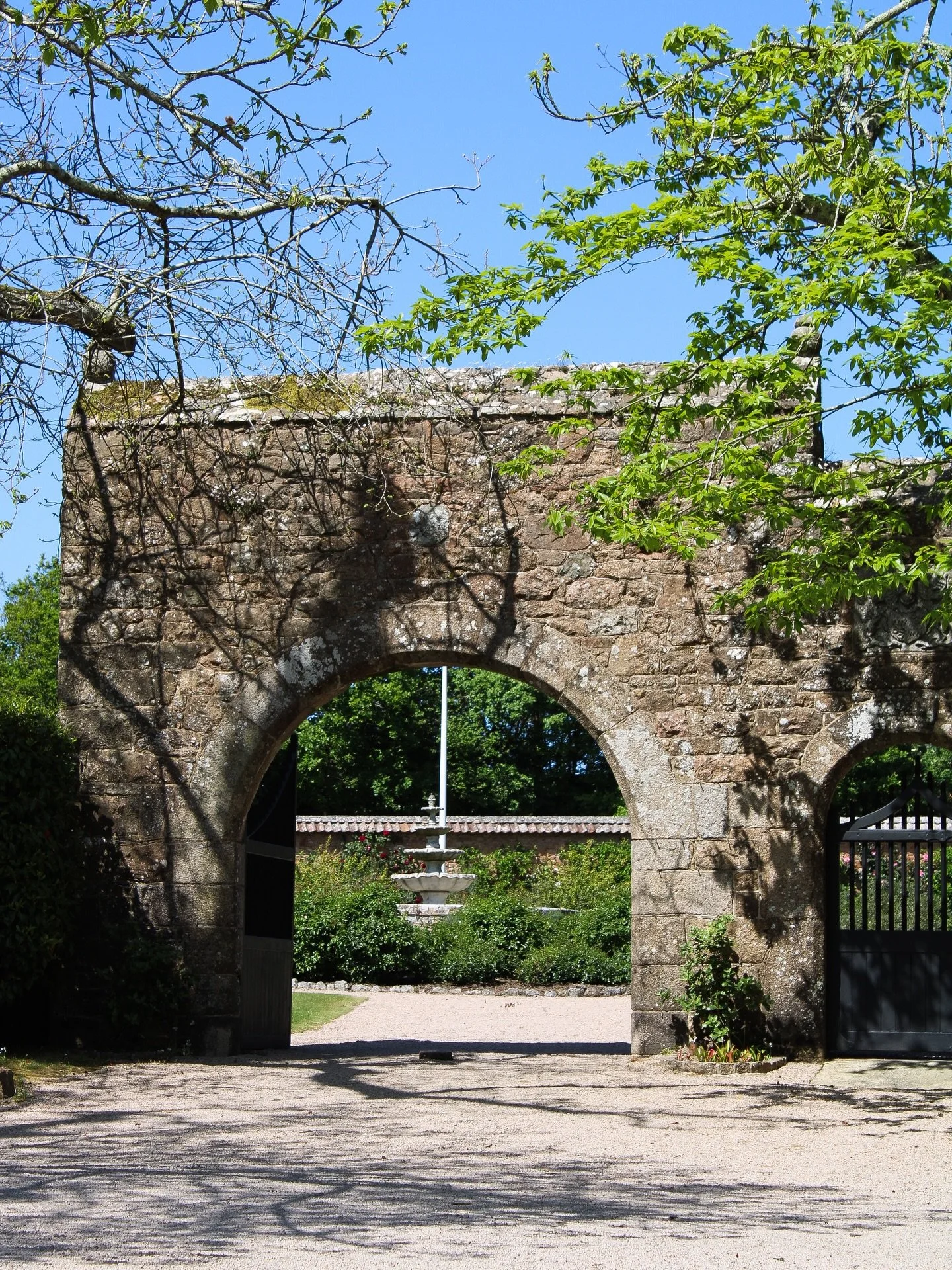 Built in the 19th century, the walled garden is a large lawned square with two dovecotes either side, gravel paths and a raised stone fountain. The walls are lined with roses, fruit trees and lavender with a deep bed of wild flowers on the west wall 