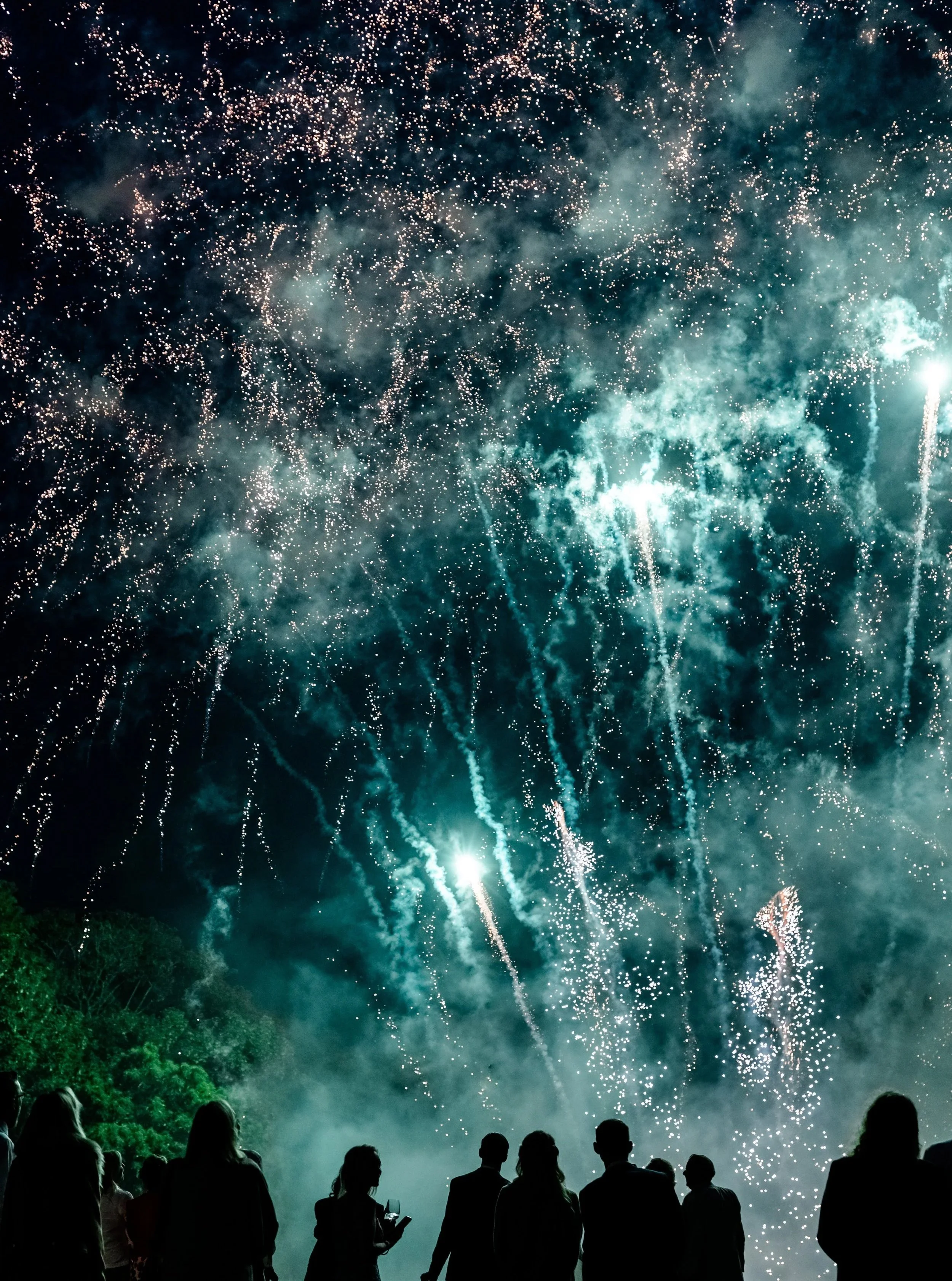 People watching fireworks display in a night sky, with silhouettes visible in the foreground.