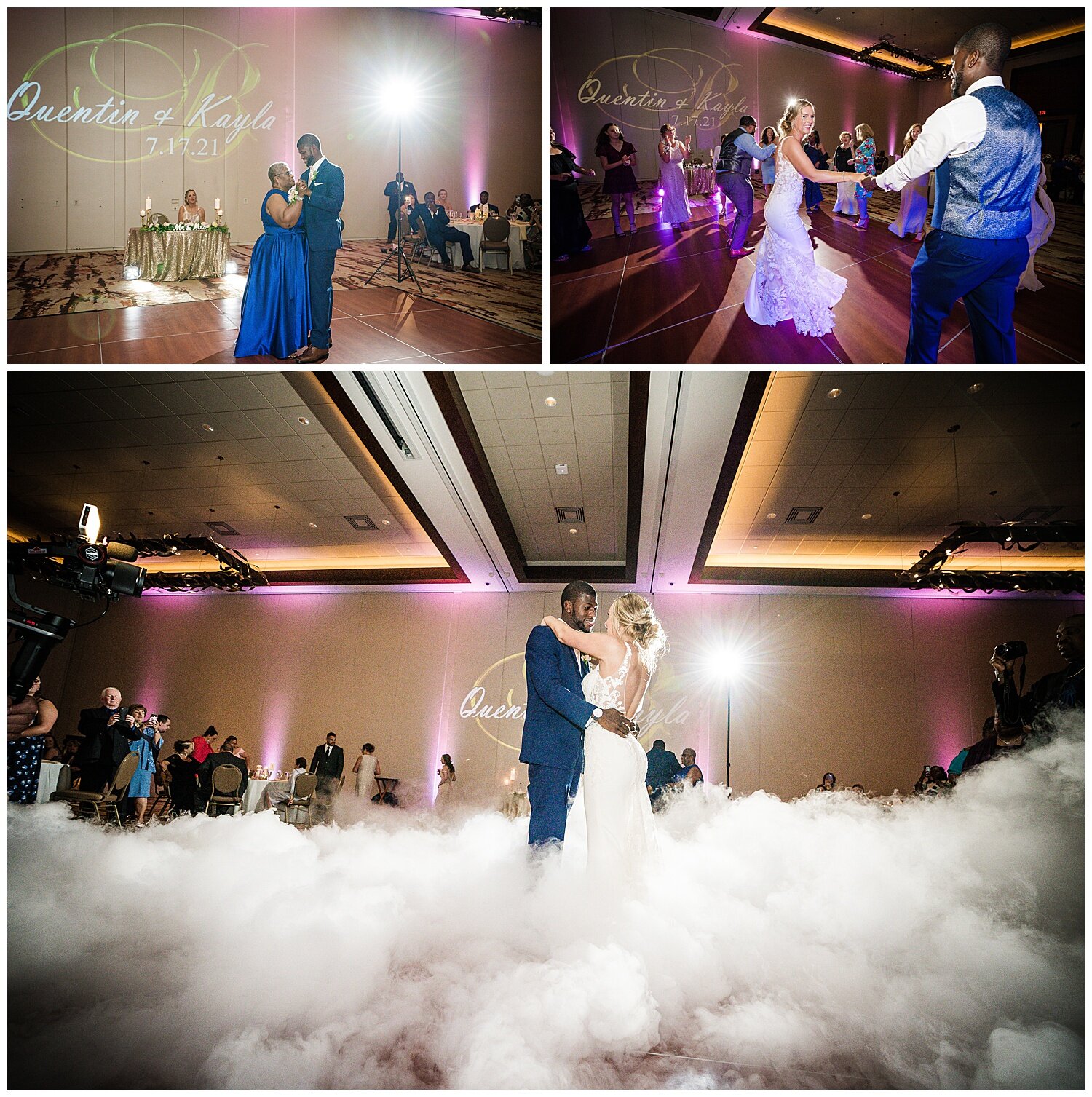  Newlyweds dance the night away with wedding guests on fog covered dance floor 
