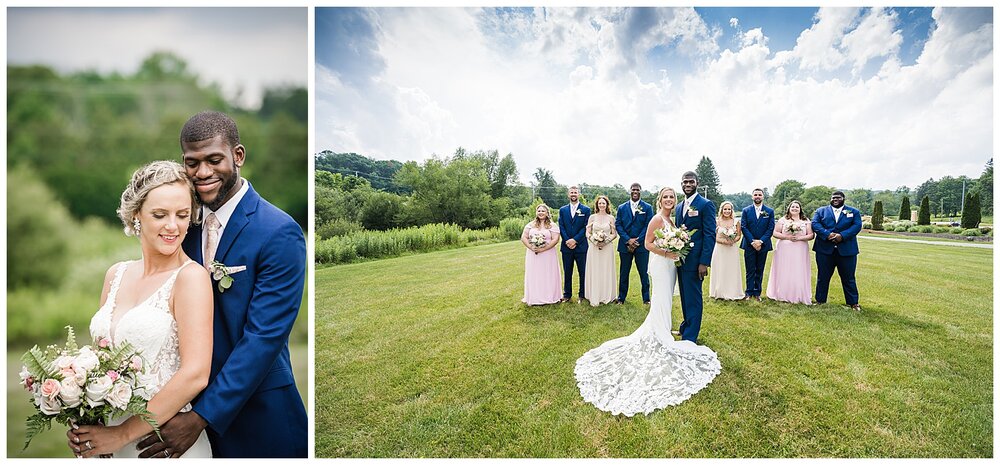  Bride and groom stand with their bridal party as bride’s dress is fanned out  