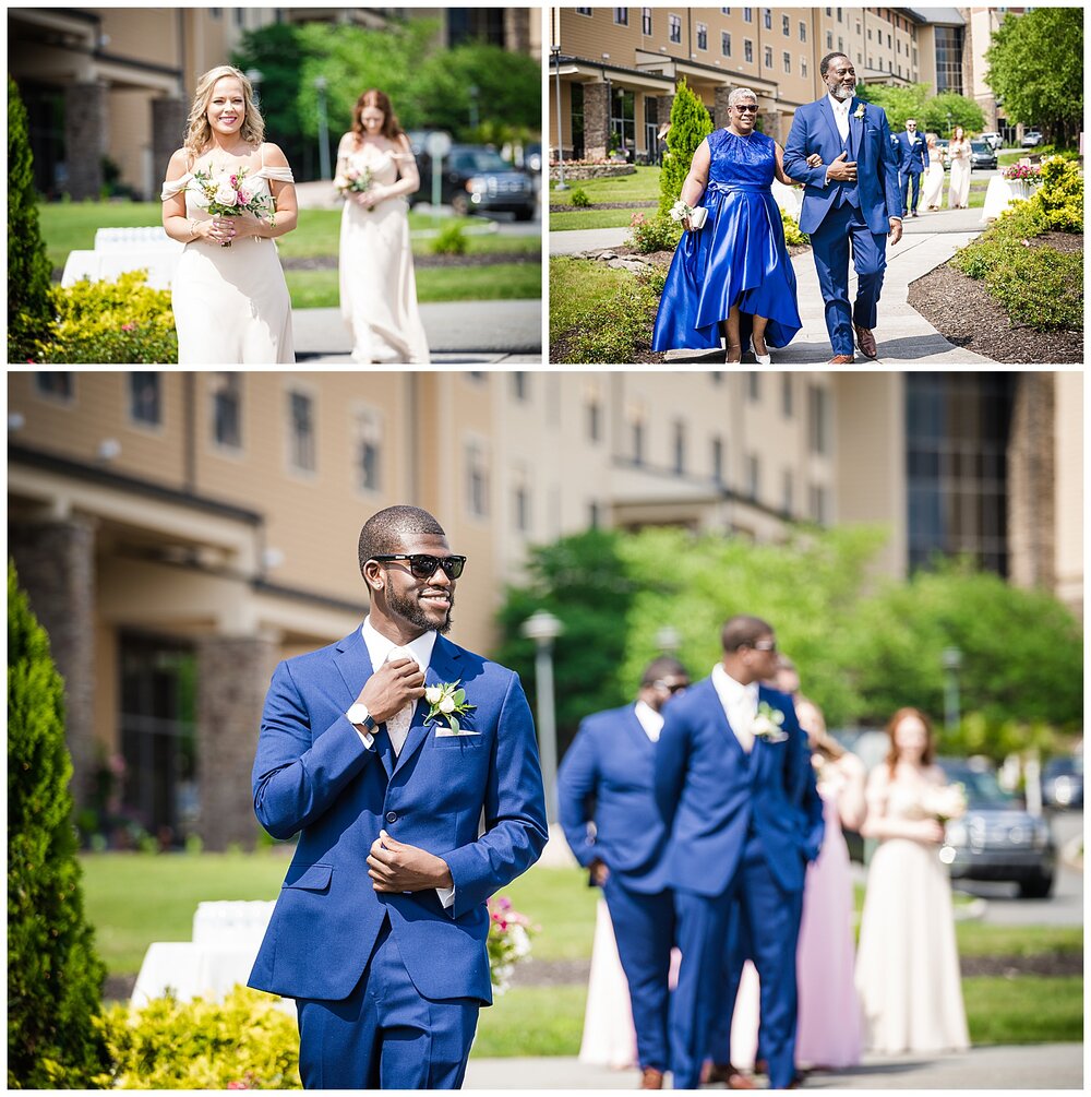  groom and bridal party walking to wedding ceremony in PA at Mount Airy  