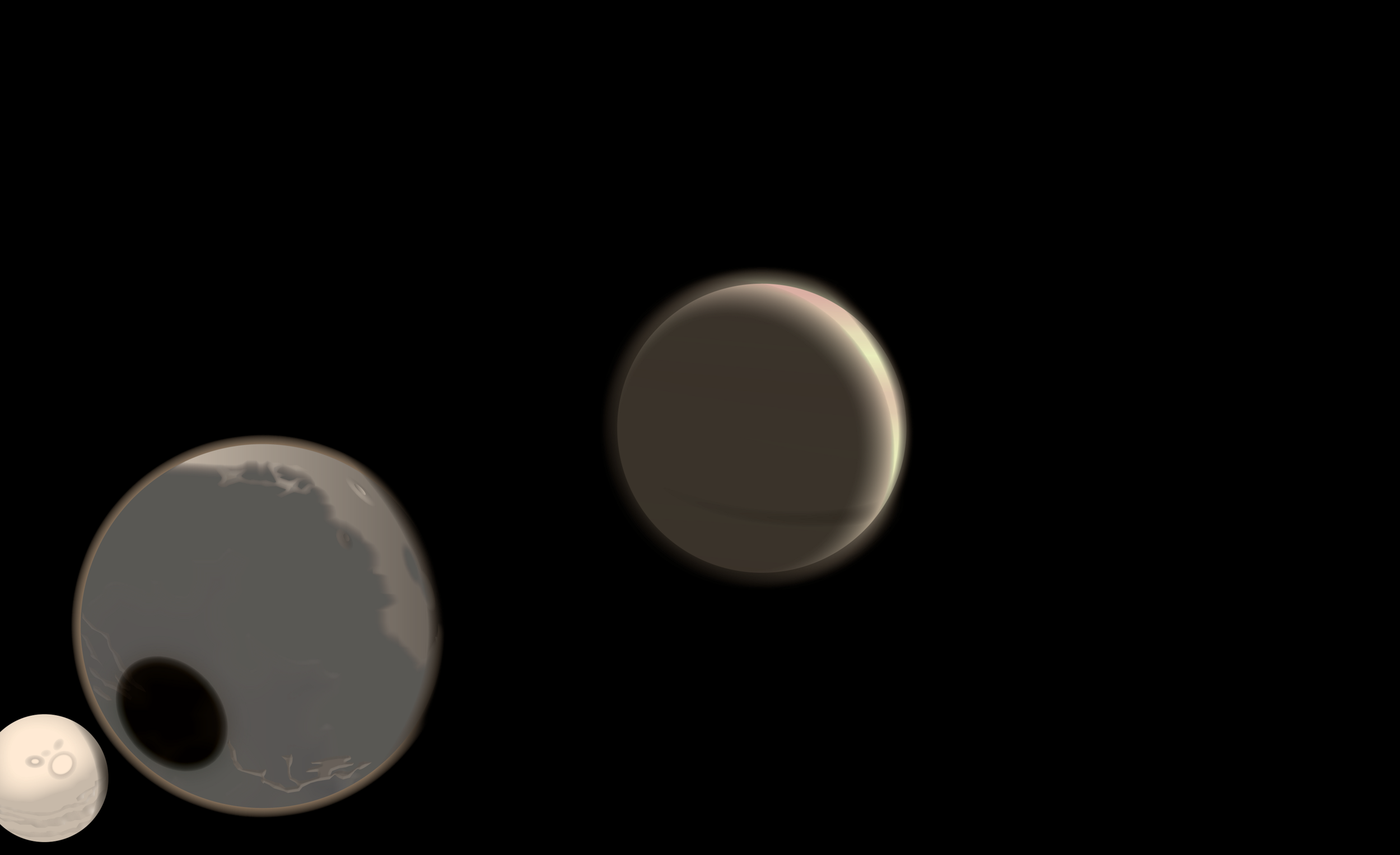  Impendia (center) and two of its three moons, Umud (center left), and Umdu (far left), where vast equatorial 'tide-mining' is carried out and aided by the huge gravitational pull between the two moons. 