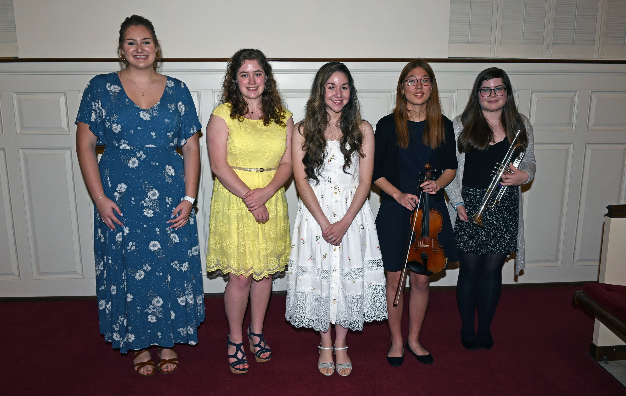 From left to right: Molly Barclay, voice; Lynnae Eades, piano; Dominique Odens, voice; Christy Song, violin; Molly Ragon, trumpet.
