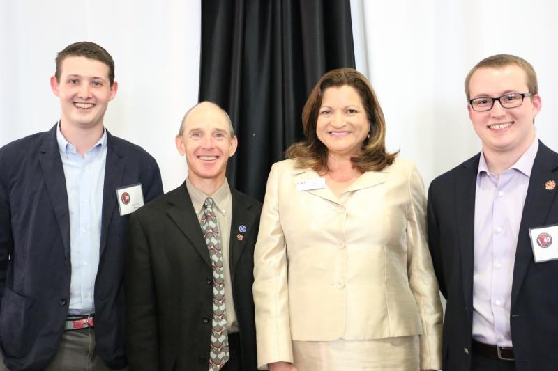 From left to right, Group VP Nick Shuey, Associate Dean Jeff Stinson, Dean Martell, a strong supporter of the club, and Group President Garrett Vose. Garrett, Nick, and Club Treasurer John DeHan won the CWU Ethics Bowl in their senior years at Central.