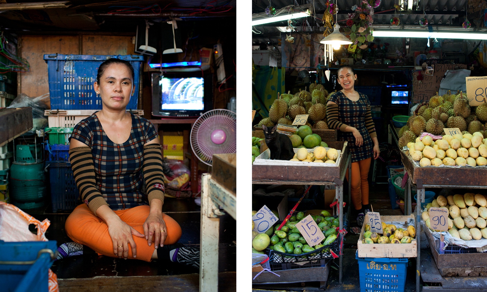 Behind a fruit stall. 