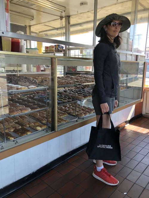 My weighted vest is under my jacket. Excellent exercise, excellent pastry.