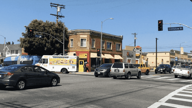 Running red light at Pico and Crenshaw. Hood driving.