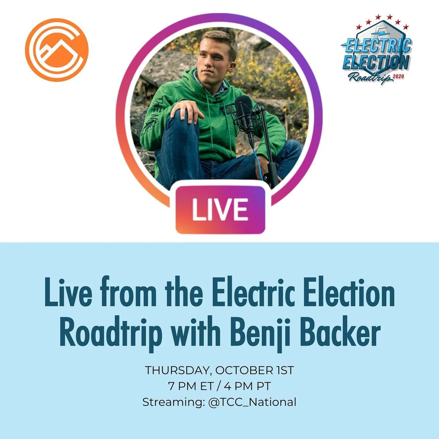 Join @tcc_national TOMORROW as @benjibacker talks about his experience so far on the Electric Election Roadtrip and answers your questions live from the Tesla X.