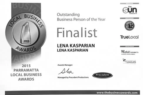 Lena Kasparian Outstanding Business Person of the Year Finalist Certificate.