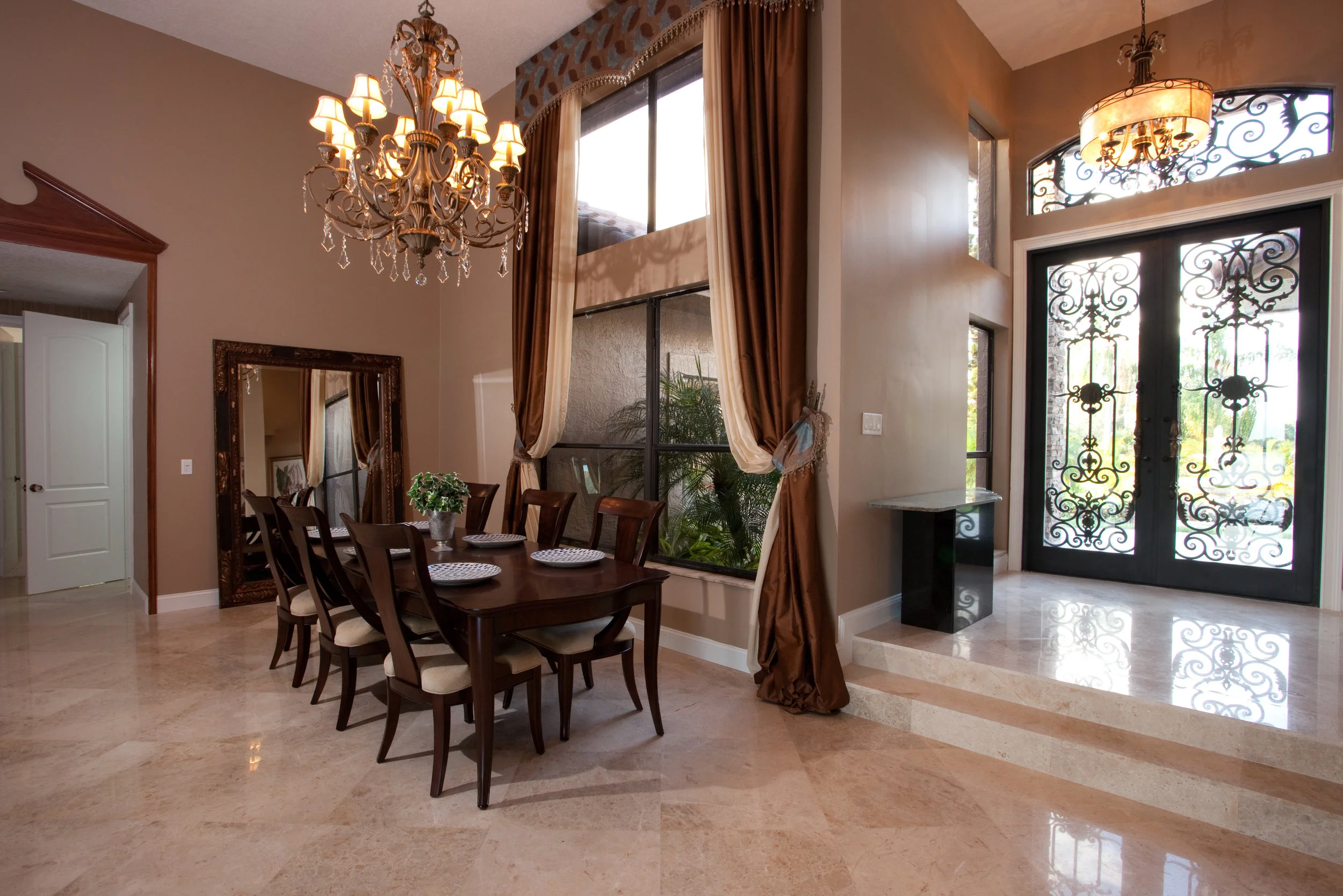 The dining room was created by host and licensed contractor by Rob Van Winkle (also know as Vanilla Ice) for his DIY Network�s original series The Vanilla Ice Project. Rob replaced the old tile floor with Marble Opustone tile that brings out the ri