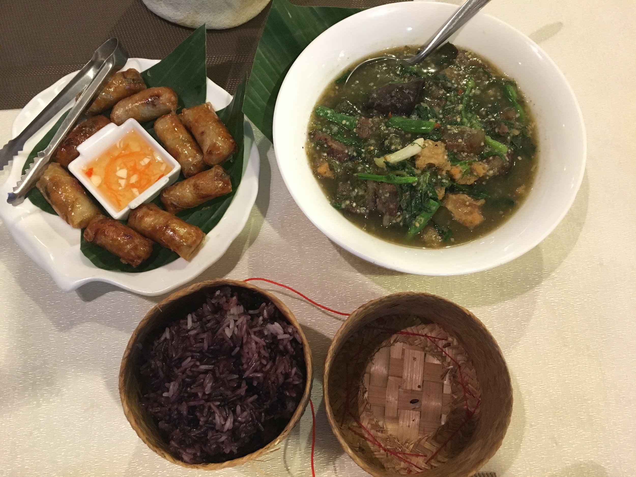 Tamnak restaurant, Vientiane. Not worth the price tag I'm afraid, despite the spring rolls being really good.