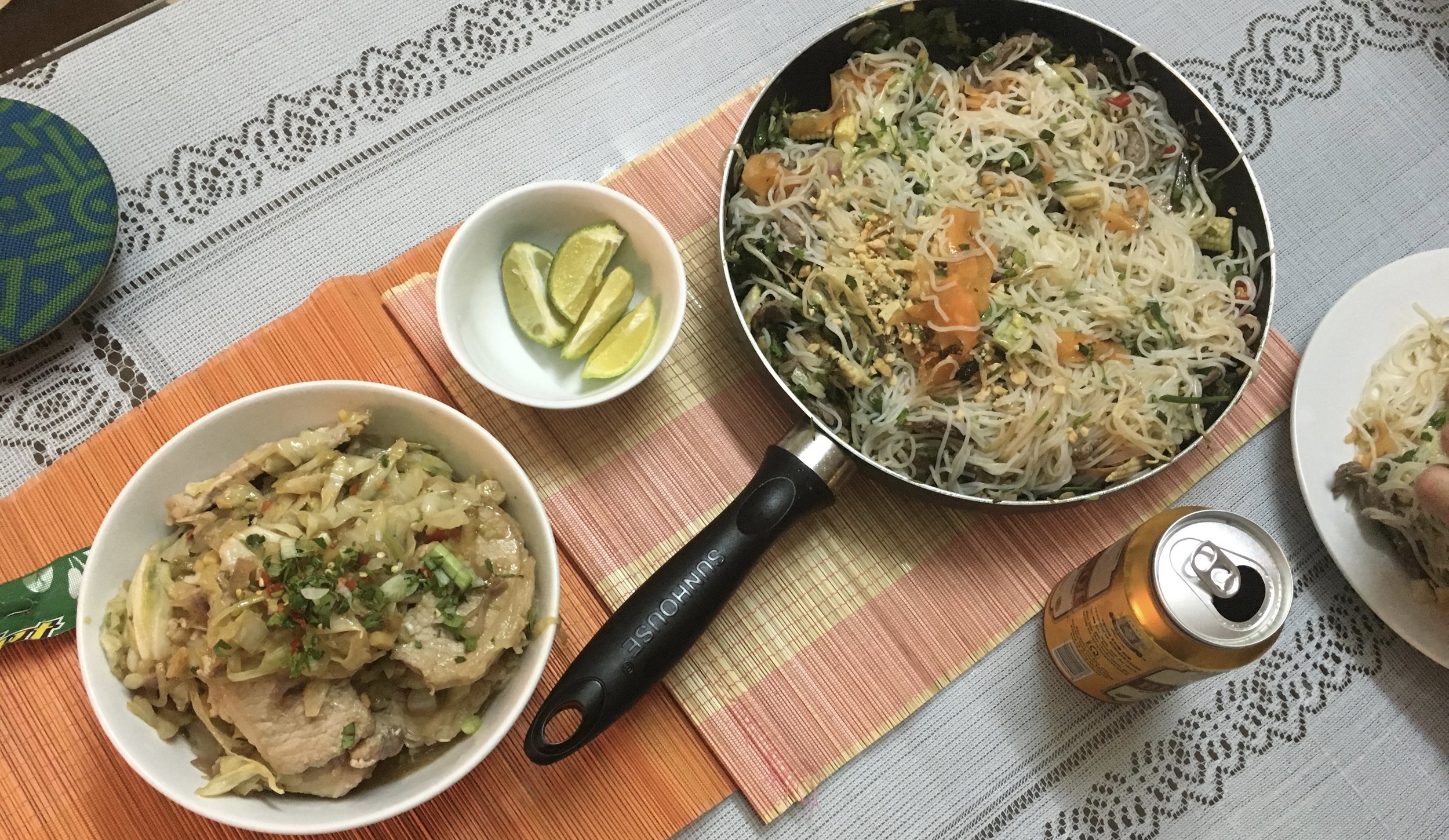 Seared pork striploin with sautéed garlic cabbage and shallots Marinated beef noodles with veggies, lime, coriander and peanut.