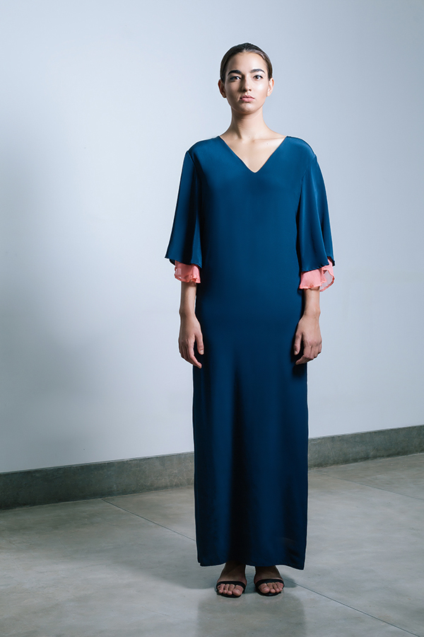 Yaara v-neck gown - midnight blue with coral contrast.jpg