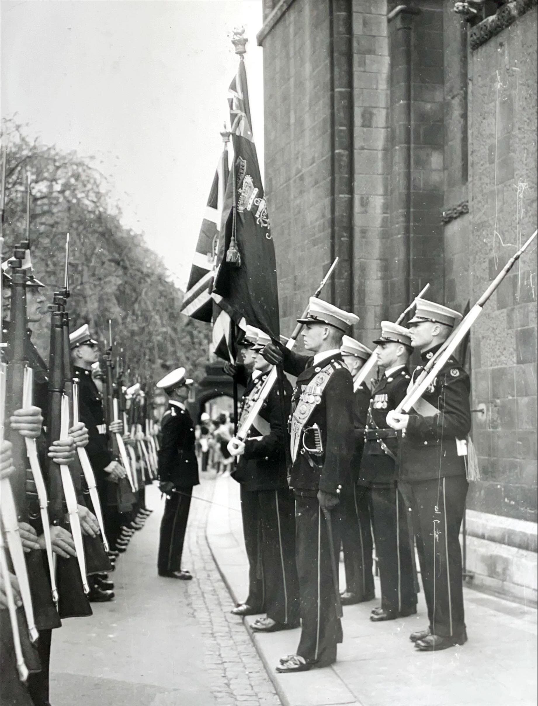 Laying of the regimental colours of the Royal Marines, Chatham, March 1950 (1 of 3)