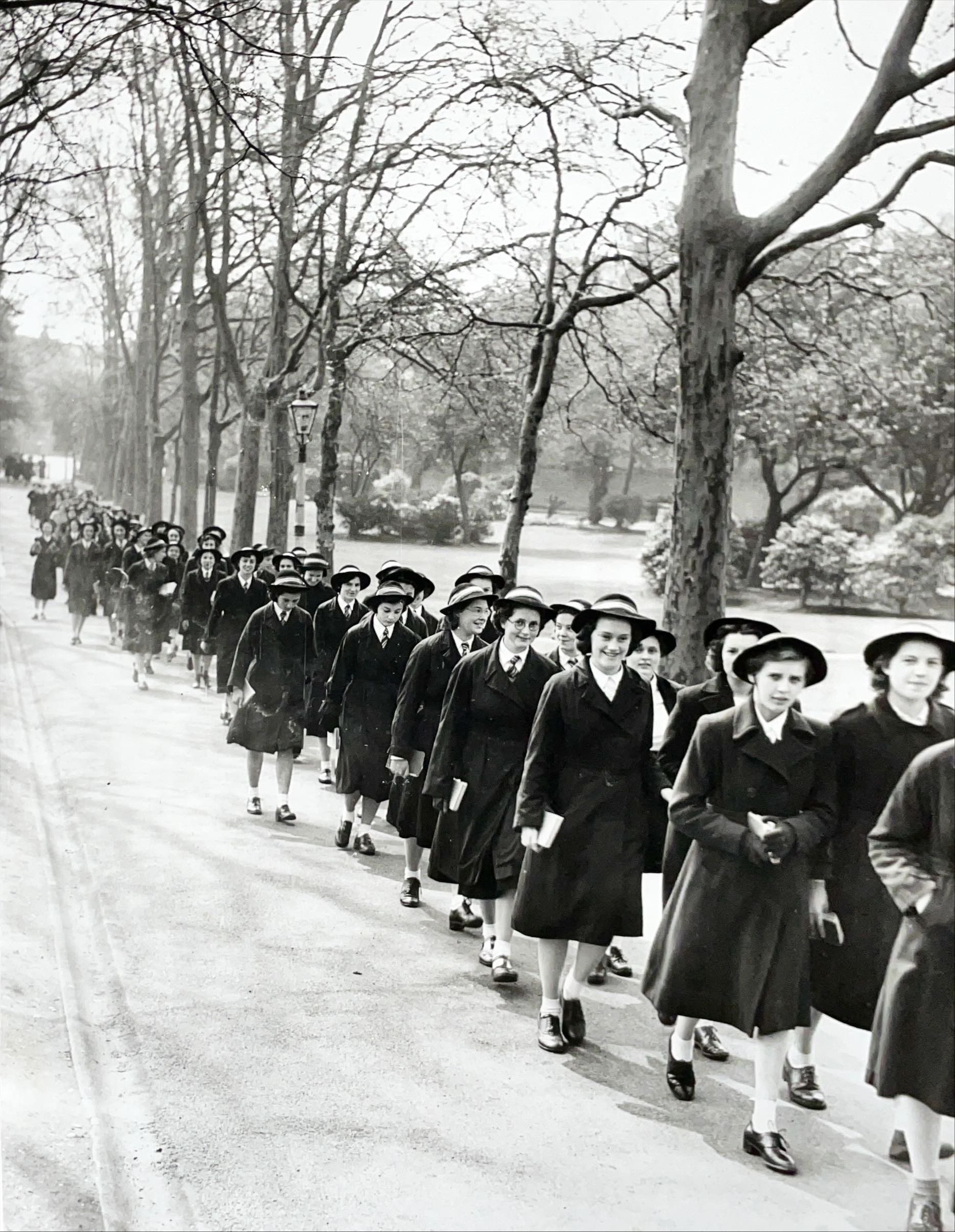 Girls' Grammar School walking through the Vines to Cathedral for Founders' Day Service, May 1950