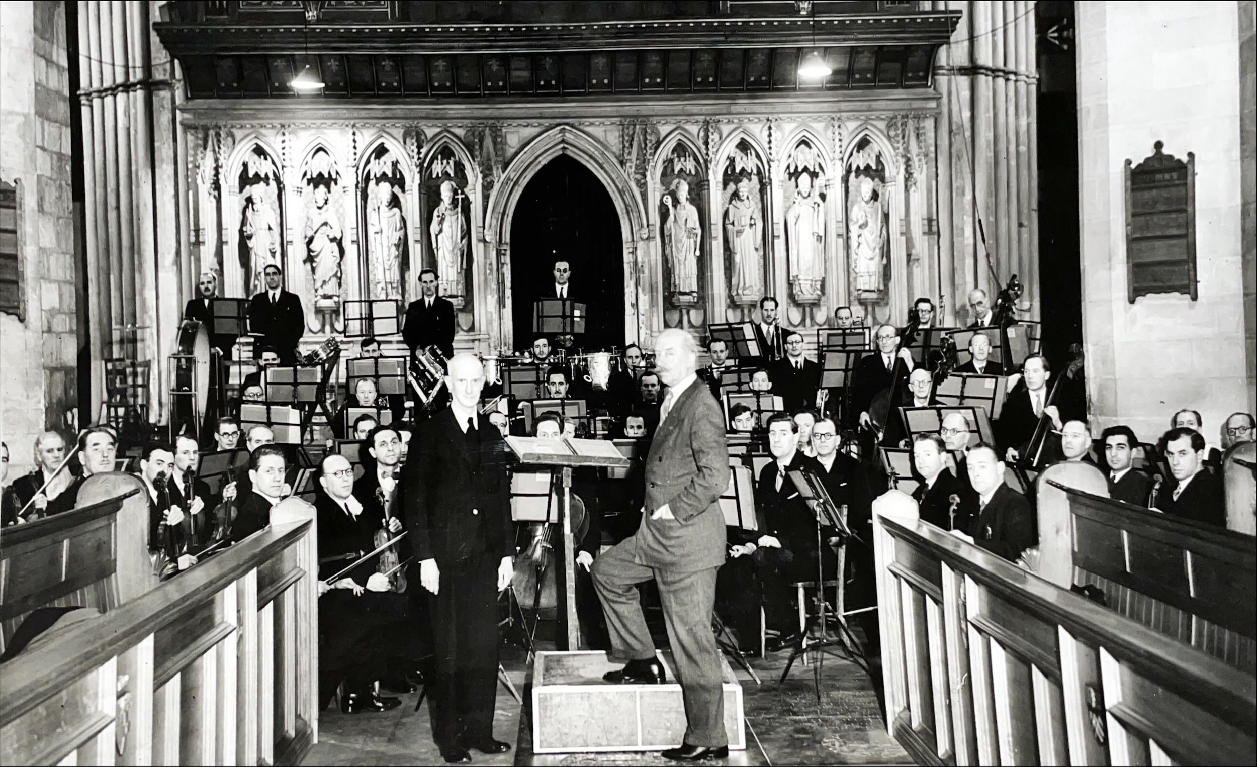 The organist Mr H. A. Bennett and Sir Adrian Boult with the London Philharmonic Orchestra, February 1951