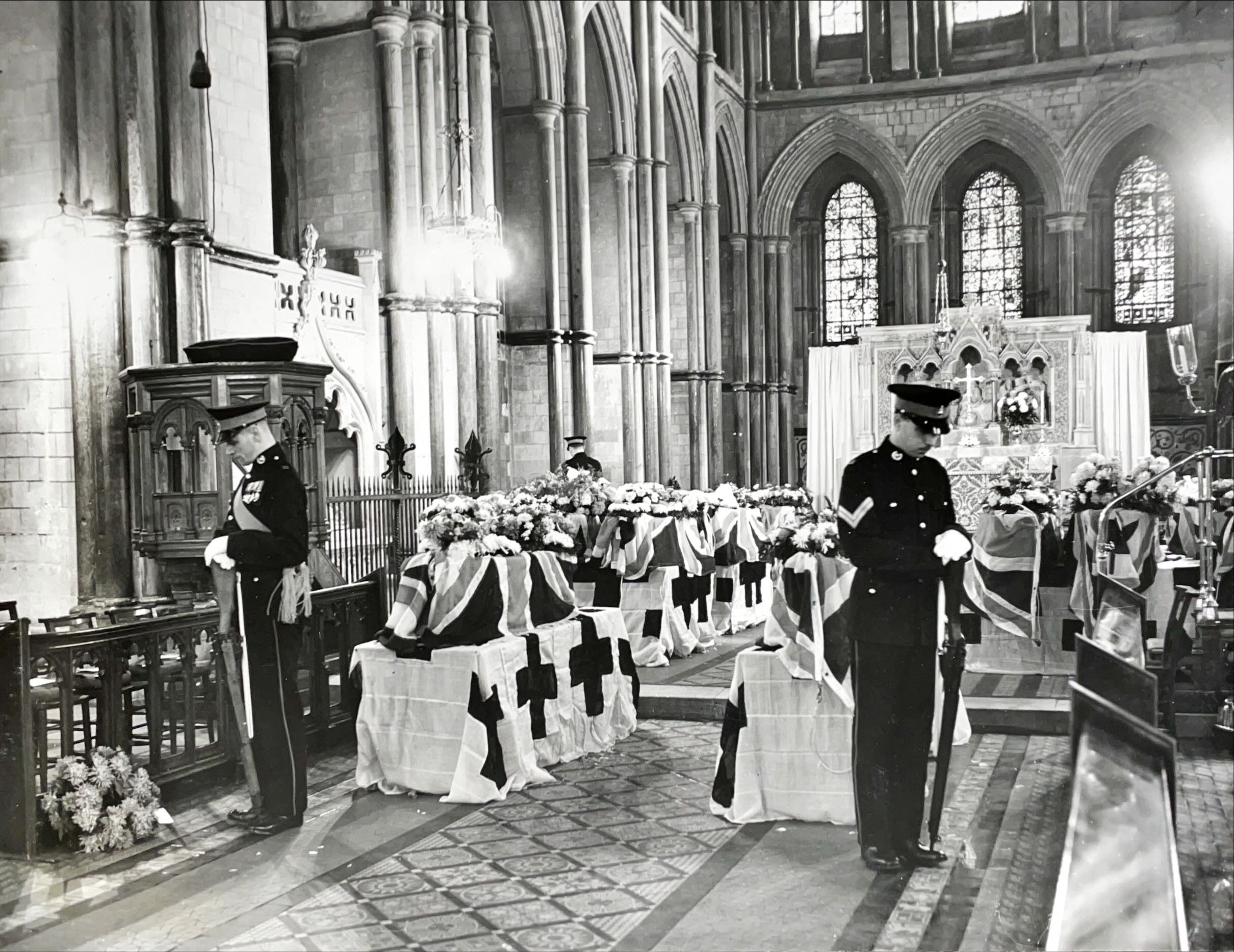 Royal Marines' Cadets' Funeral, December 1951 (1 of 3) Royal Marines on guard during the lying in state