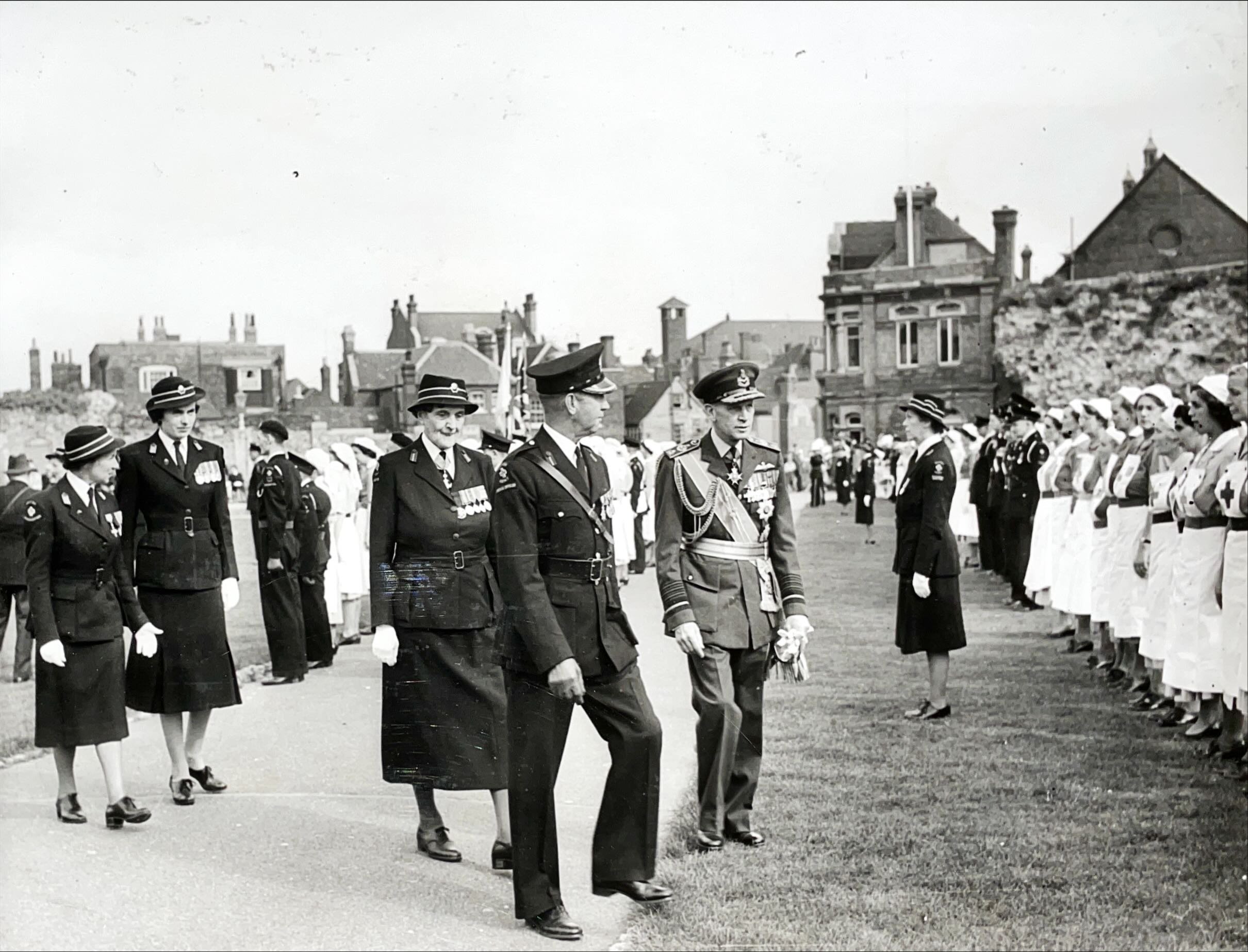 Medway Division of the British Red Cross Society being inspected by Air Chief Marshal Sir John Baker before Cathedral service, September 1956