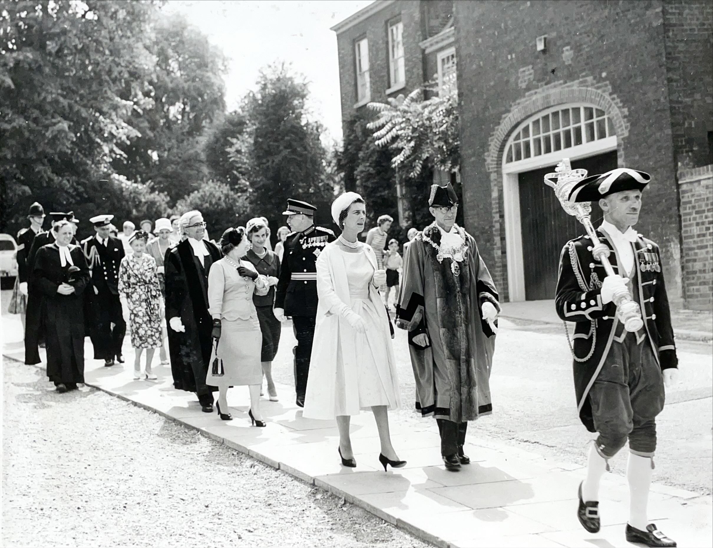The Duchess of Kent walking with the Mayor of Rochester from The Paddock to the Cathedral, July 1959