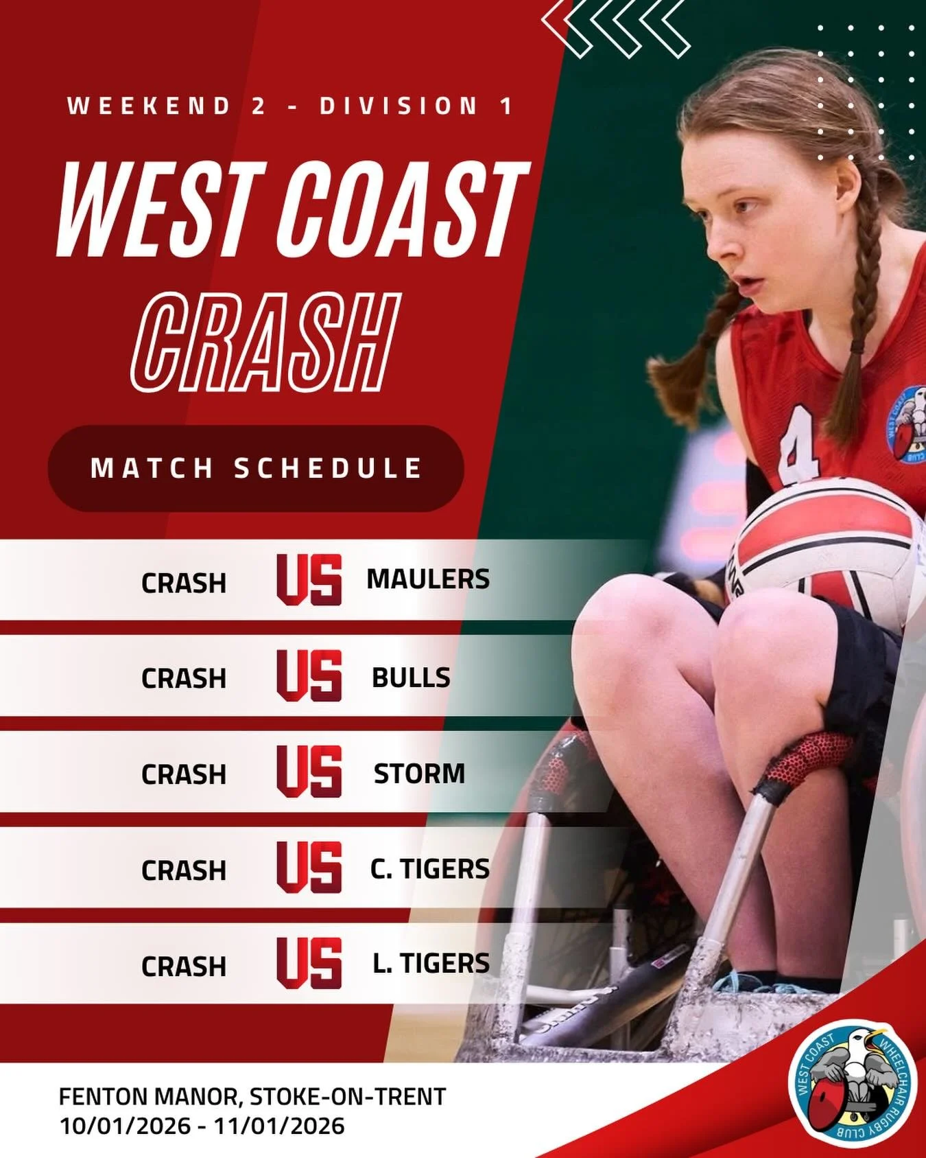 Weekend 2 &ndash; Division 1 💥

We&rsquo;re back on the road this weekend as West Coast Crash head to Stoke-on-Trent for a big Division 1 weekend.

The mid-season visit will see us play five games, against tough opposition, with a proper chance to b
