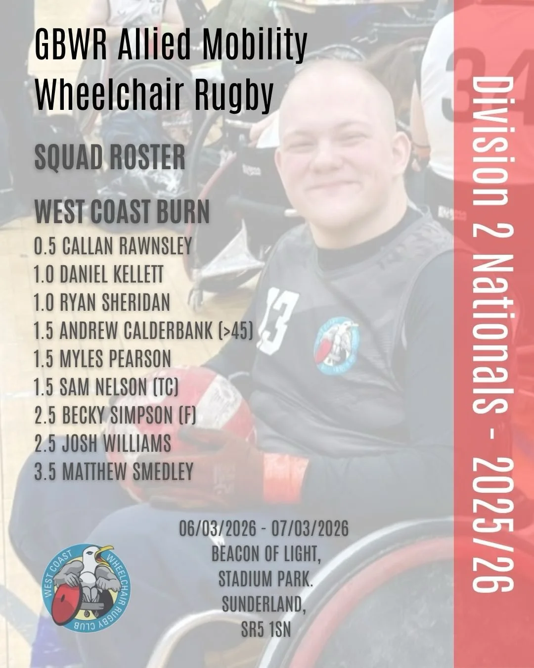 🔥 DIVISION 2 NATIONALS &ndash; SQUAD ANNOUNCEMENT 🔥

We&rsquo;re pleased to announce the West Coast Burn roster heading to the GBWR Allied Mobility Division 2 Nationals this weekend at the Beacon of Light in Sunderland.

Burn take on Swifts in the 