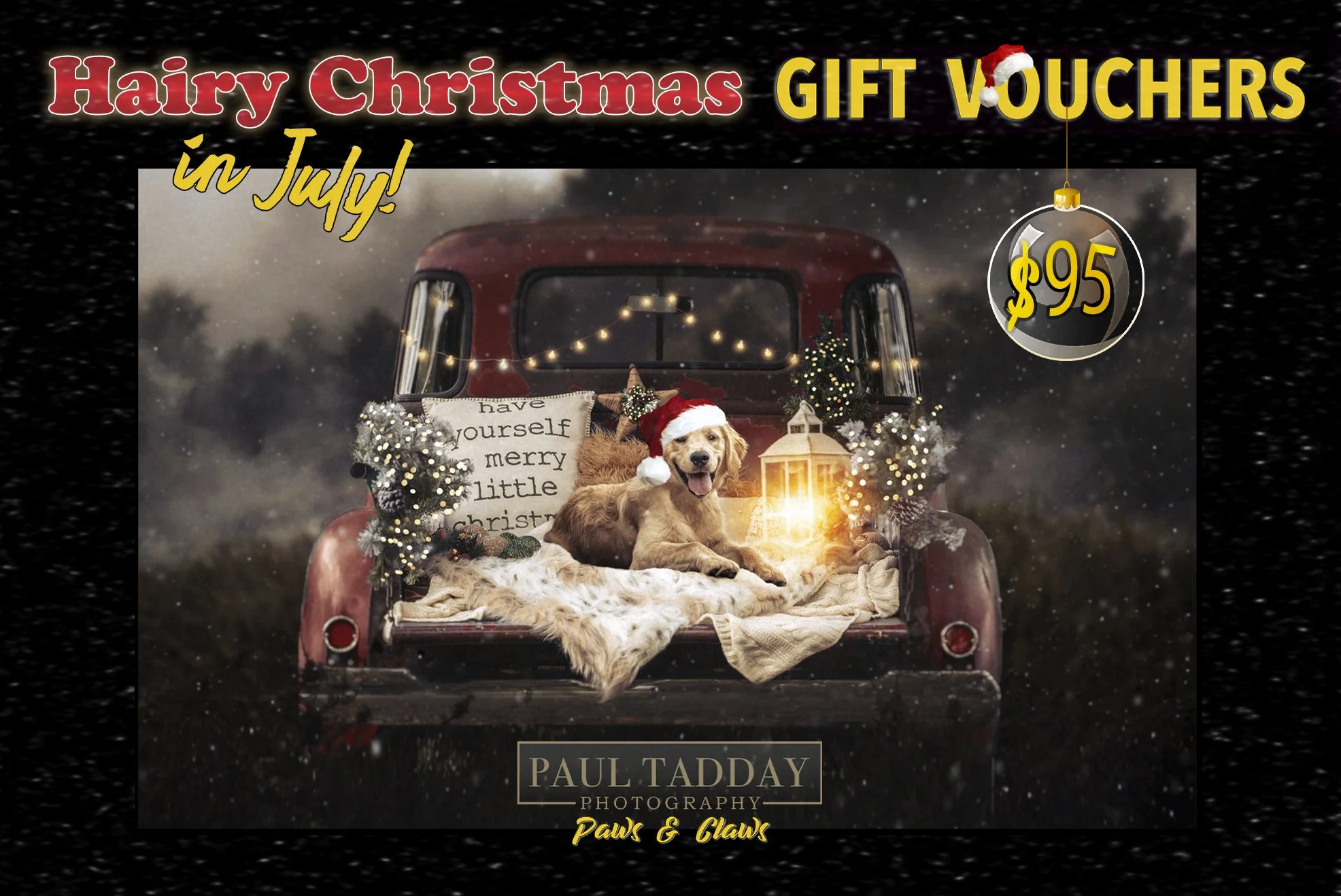 A Christmas-themed advertisement featuring a vintage red truck with its tailgate down, decorated with Christmas lights and ornaments. Inside the truck bed, there's a golden retriever puppy wearing a Santa hat, surrounded by holiday decorations like a pillow with the words "have yourself a merry little Christmas," a star-shaped ornament, small Christmas trees, and a lantern emitting a warm glow. Snow is falling against a dark background. Text at the top promotes Christmas gift vouchers in July, priced at $95, and the photo is credited to Paul Tadday, with a specialization in paws and claws.