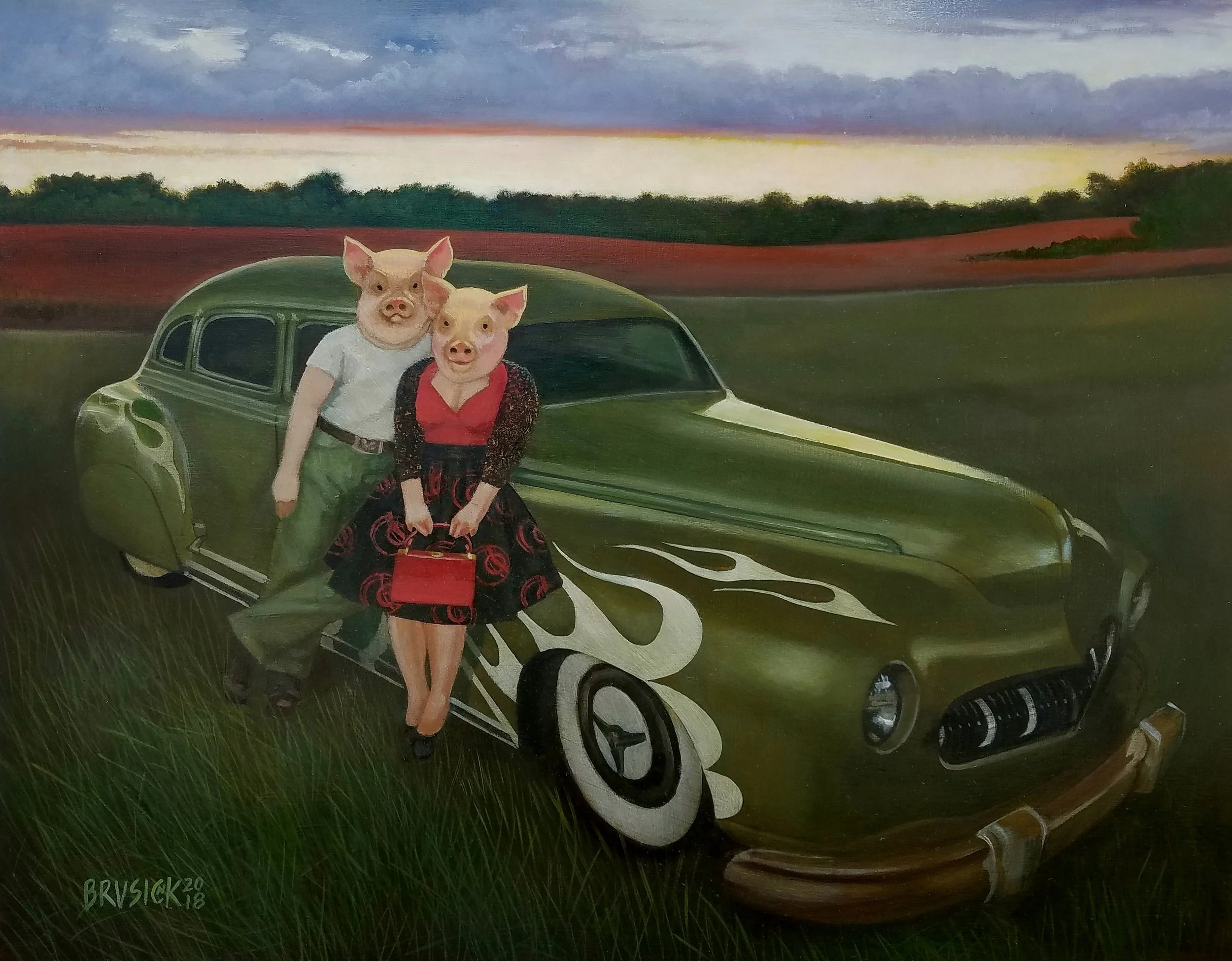 Rockabilly Pigs 2018, Oil on Wood, 8 x 10 inches
