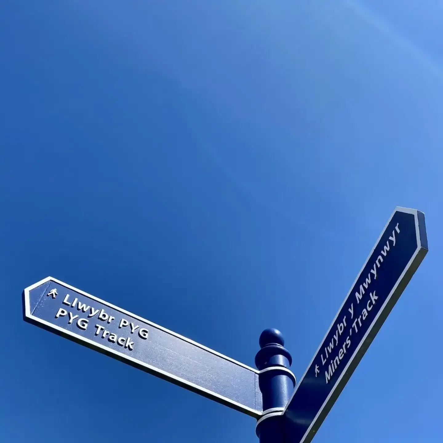 A sign post at Pen-y-Pass in Snowdonia on which are the words PYG track and Miners Track