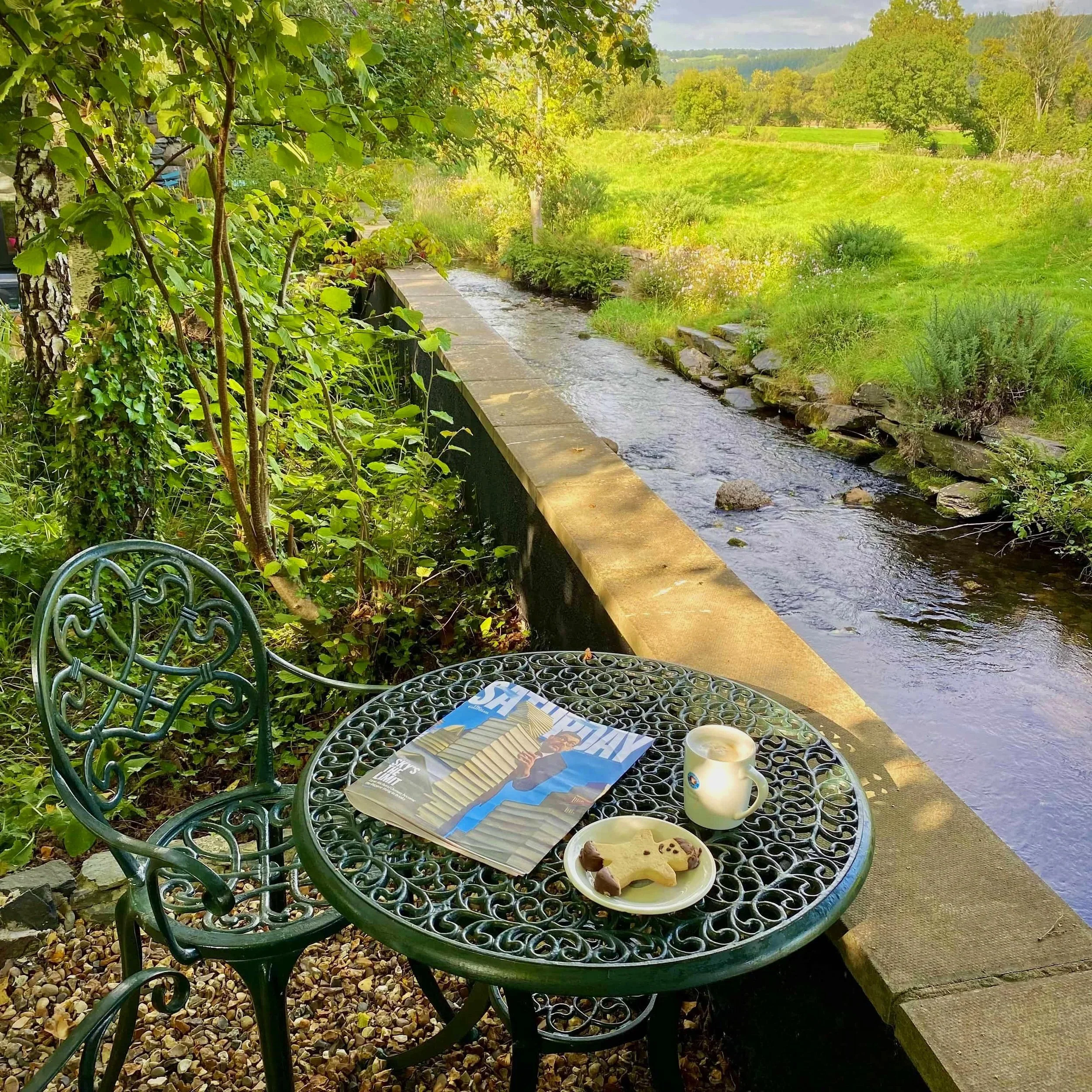 A green table and chair in a garden next to a river