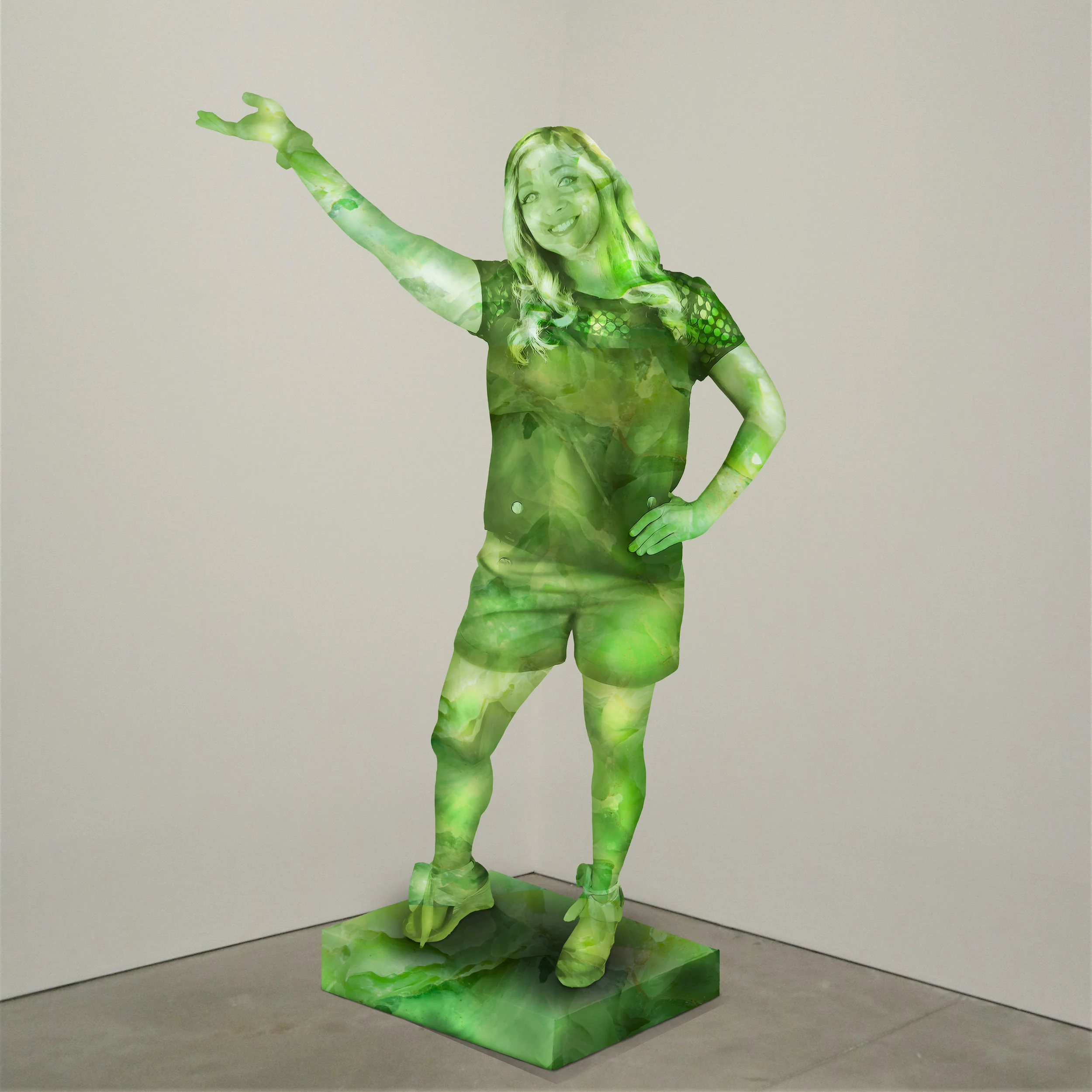 “Free Spirit” jade, Institute of Contemporary Art, Boston 2018 JPG During an installation at the Institute of Contemporary Art in Boston, viewers were invited to imagine themselves as statues in the ICA’s permanent collection. Participants were photographed posing as a statue they felt represented themselves, created a name for their fictional statue, and selected a stone from which their statue would be made. Professional and amateur digital artists were commissioned to create renderings of the statues, which were superimposed on photos of the ICA’s permanent collection gallery space.