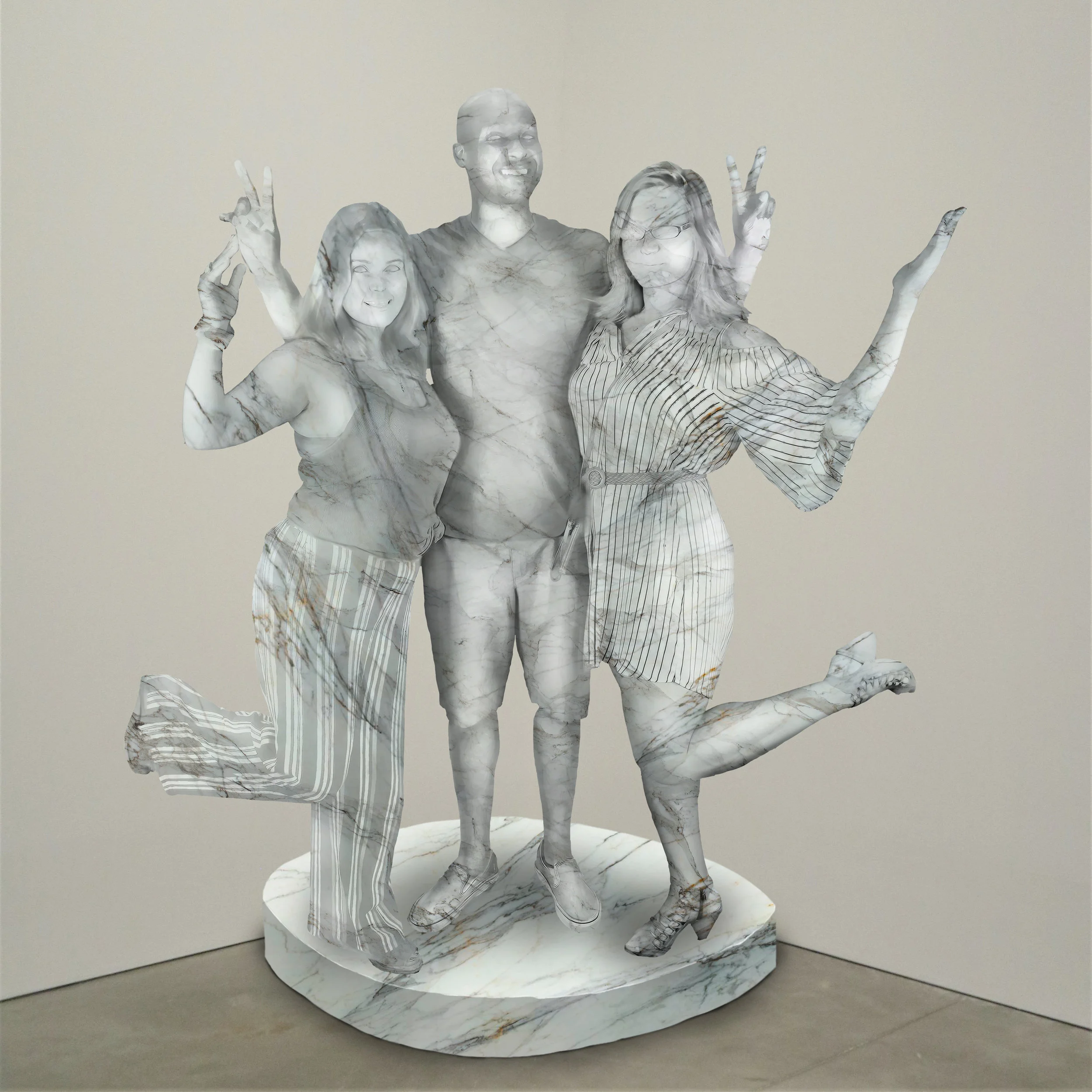 “World Peace,” marble, Institute of Contemporary Art, Boston 2018 JPG During an installation at the Institute of Contemporary Art in Boston, viewers were invited to imagine themselves as statues in the ICA’s permanent collection. Participants were photographed posing as a statue they felt represented themselves, created a name for their fictional statue, and selected a stone from which their statue would be made. Professional and amateur digital artists were commissioned to create renderings of the statues, which were superimposed on photos of the ICA’s permanent collection gallery space.