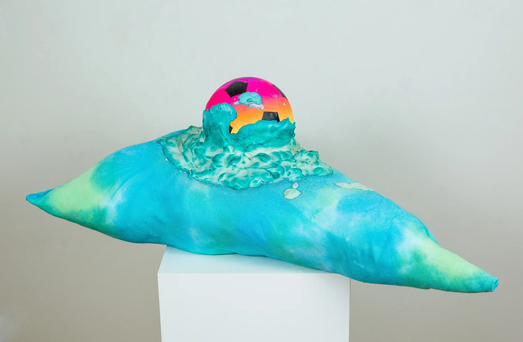 untitled 2014 rubber soccer ball, plaster, food coloring, tie dye, table cloth, polyester fiber fill, staples