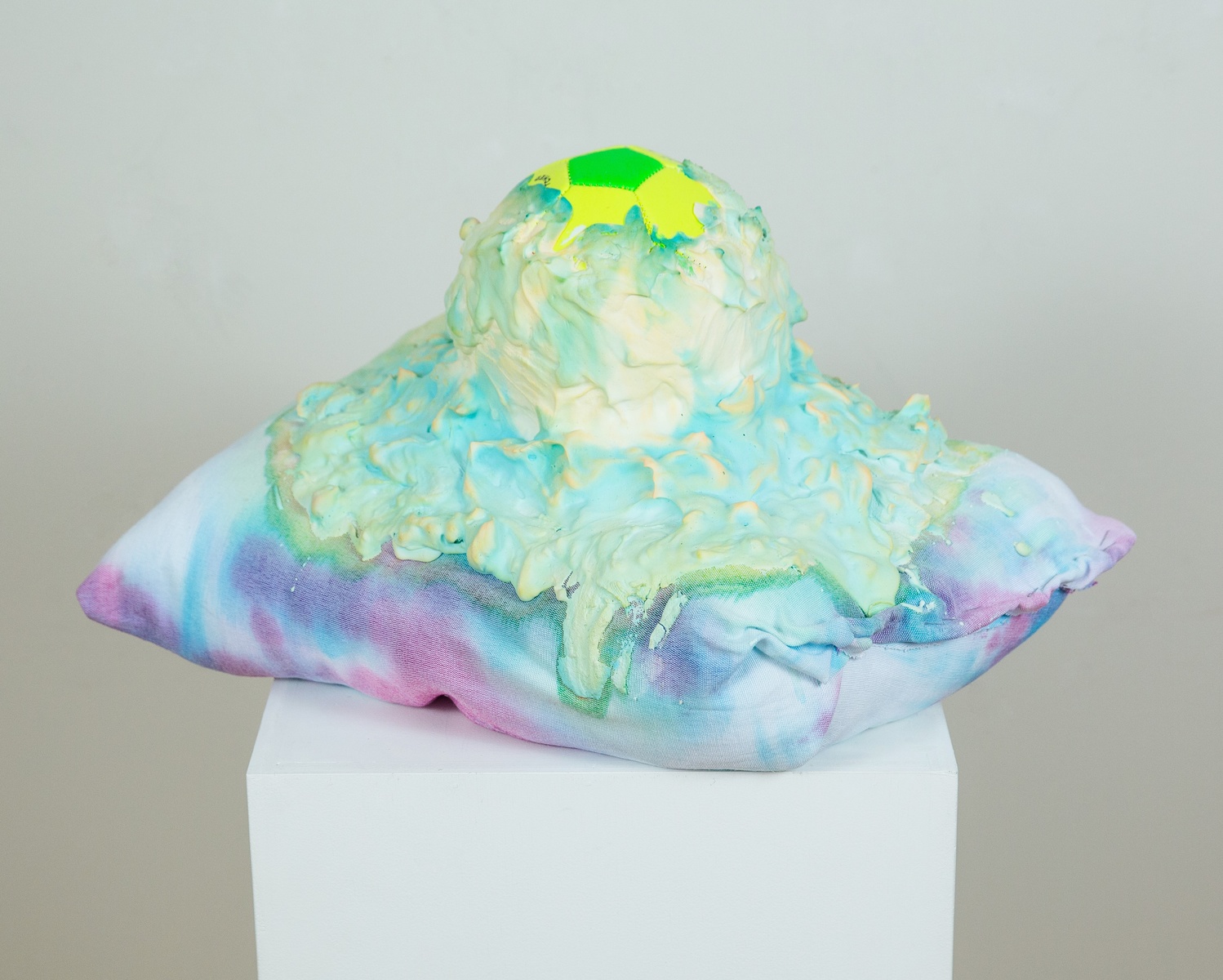 untitled 2014 plush soccer ball, plaster, food coloring, tie dye, table cloth, polyester fiber fill, staples