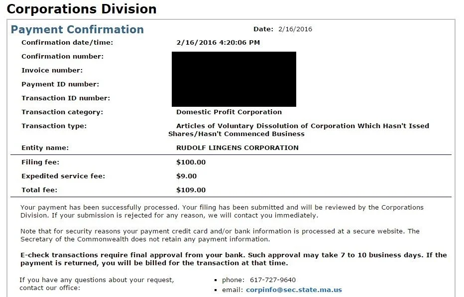 Articles of Dissolution Receipt (Redacted) 2016 JPG The Rudolf Lingens Corporation was formed July 31st, 2015 and voluntarily dissolved February 17th, 2016. During its existence it did not produce or transact anything.