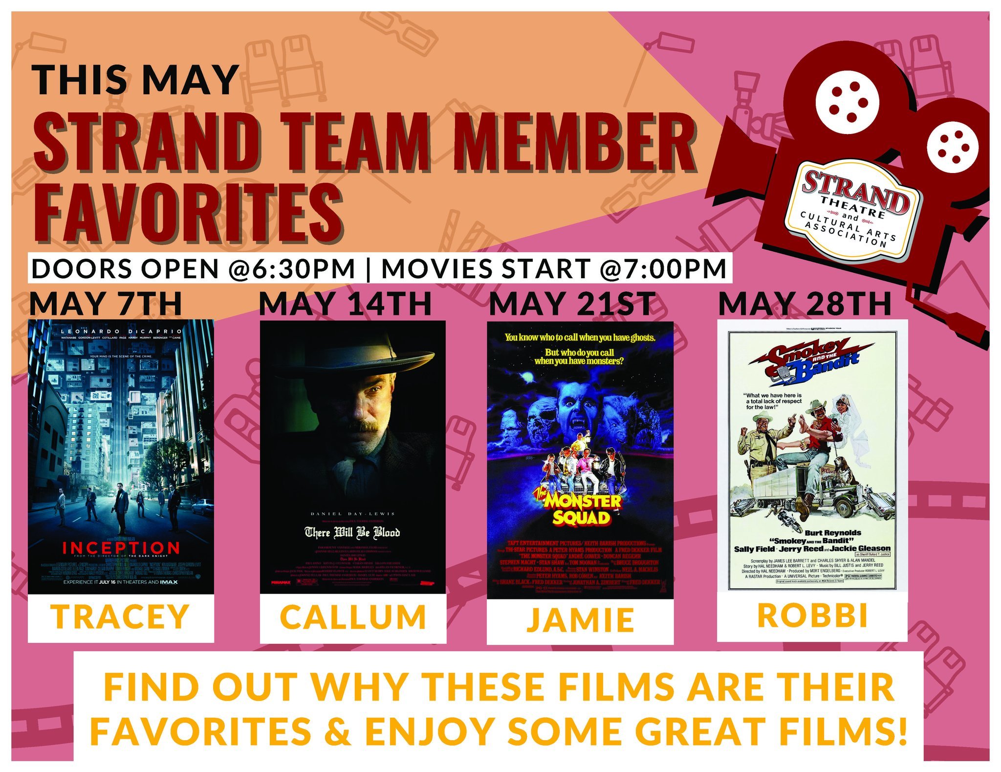All this month enjoy our May Film Series:
&quot;Strand Team Member Favorites&quot;
Join Us For&hellip;
May 7th - &quot;Inception&quot; (2010) - Won Four Oscars. A mind-bending wonder.
May 14th - &quot;There Will Be Blood&quot; (2007) - Won Two Oscars