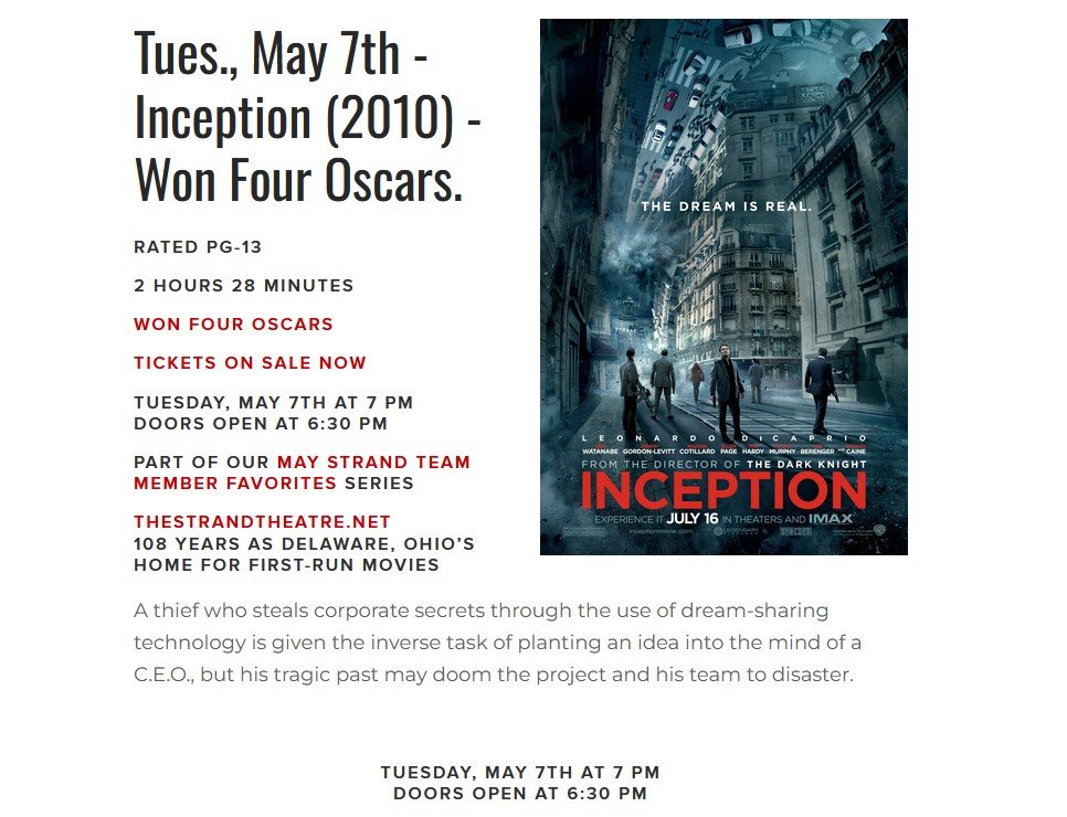 Tuesdays in May Film Series:
Strand Team Member Favorites
Join Us For&hellip;
This Week! - May 7th - Inception (2010) - Won Four Oscars. A mind-bending wonder.
May 14th - There Will Be Blood (2007) - Won Two Oscars and 8 nominations.
May 21st - Monst