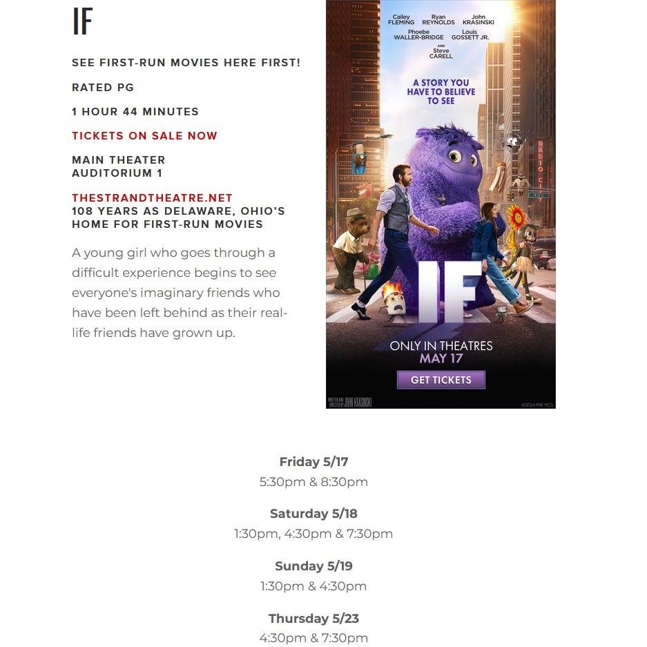 Thursday Nights at the Movies are back!
Tonight in Downtown Delaware you can watch movies in a real theater.
&quot;IF&quot; - Family fun starring Ryan Reynolds, John Krasinski, and Cailey Fleming
&quot;The Fall Guy&quot; - Ryan Gosling, Emily Blunt, 