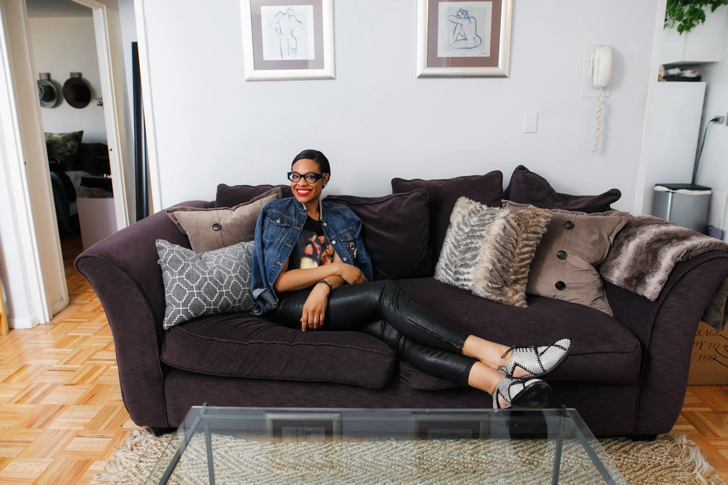 Jacket: Gap. Top: Les Boys Les Girls. Pants: L'Agence. Shoes: Robert Clergerie. Glasses: Alexander McQueen. Pins: Chanel. Wrap Bracelet: Hermes.