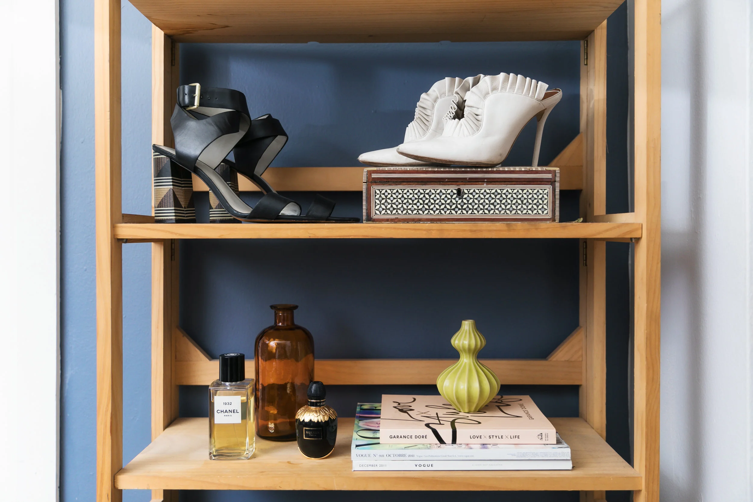 Shoes, L to R: 1. State, Malone Souliers x Adam Lippes. Perfumes, L to R: Chanel, Alexander McQueen.
