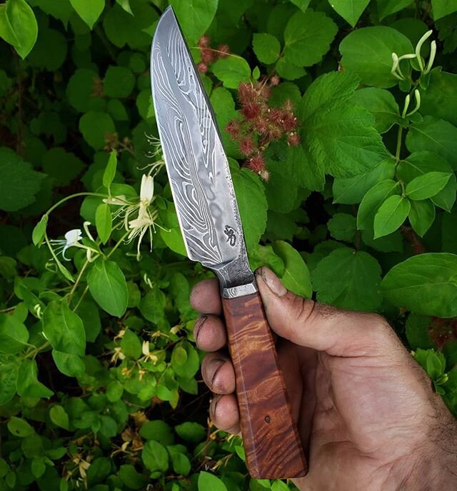 Getting back to my roots, early American style hunting knife. Multi bar damascus blade with curly maple handle. Currently available 
#damselflyforge #oldschool #frontierknife #handmade