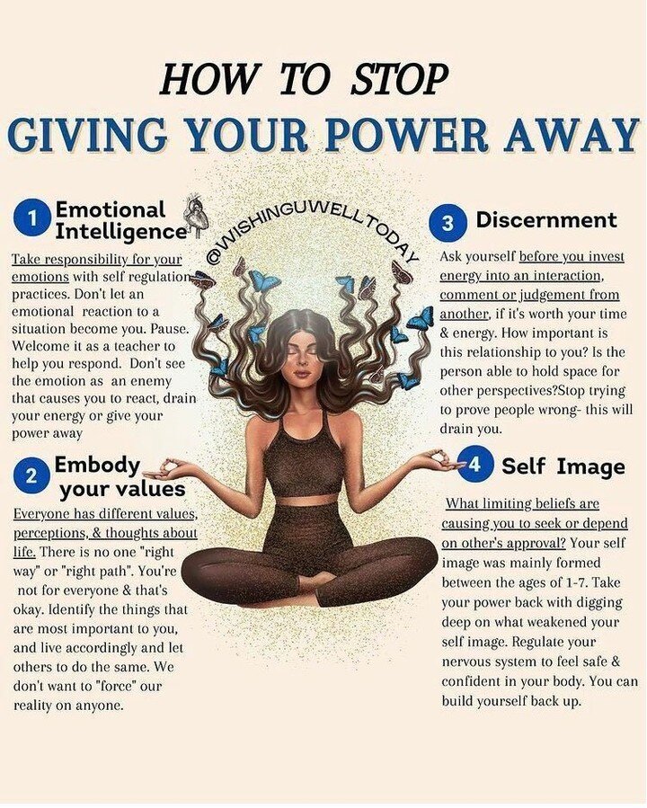 How to stop giving your power away 

✨ Emotional intelligence ✨ 
Take responsibility for your emotions with self regulation practices. Don't let an emotional reaction to a situation become you. Pause. Welcome it as a teacher to help you respond. Don'