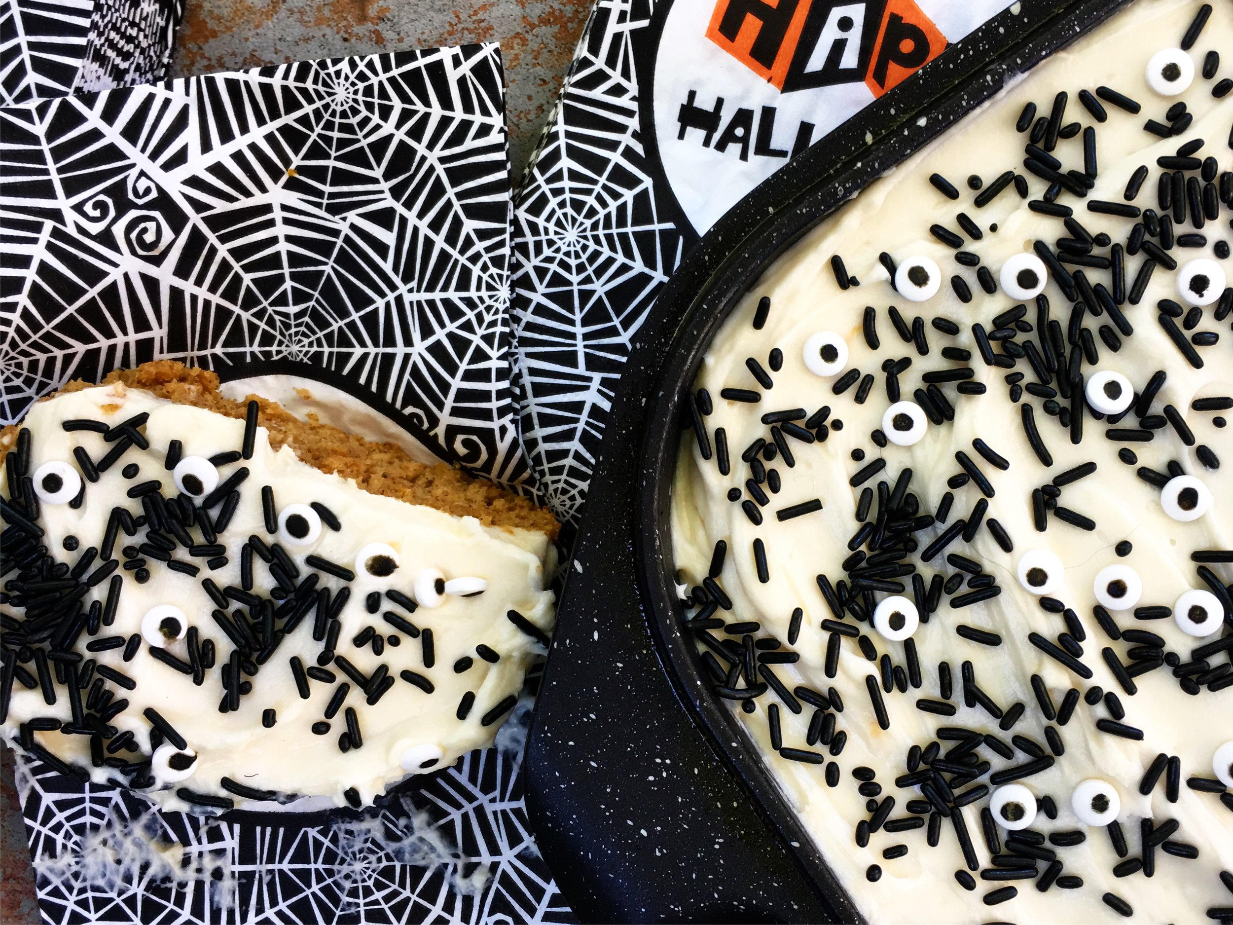Your favorite cake recipe -- or even a reliable cake mix! -- works perfectly in the EuroCAST grill pan. This one is vanilla spice with cream cheese frosting covered in black sprinkles and lots of “I see you" eyes. Nothing like lots of delicious cake with a side of paranoia for Halloween.